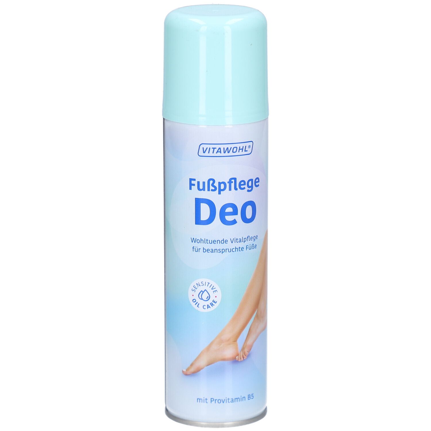 Fußpflege Deo-Spray. Hellblaue Sprühdose mit hellblauem Deckel. VITAWOHL-Logo. Text: Fußpflege Deo. Abbildung von Füßen.