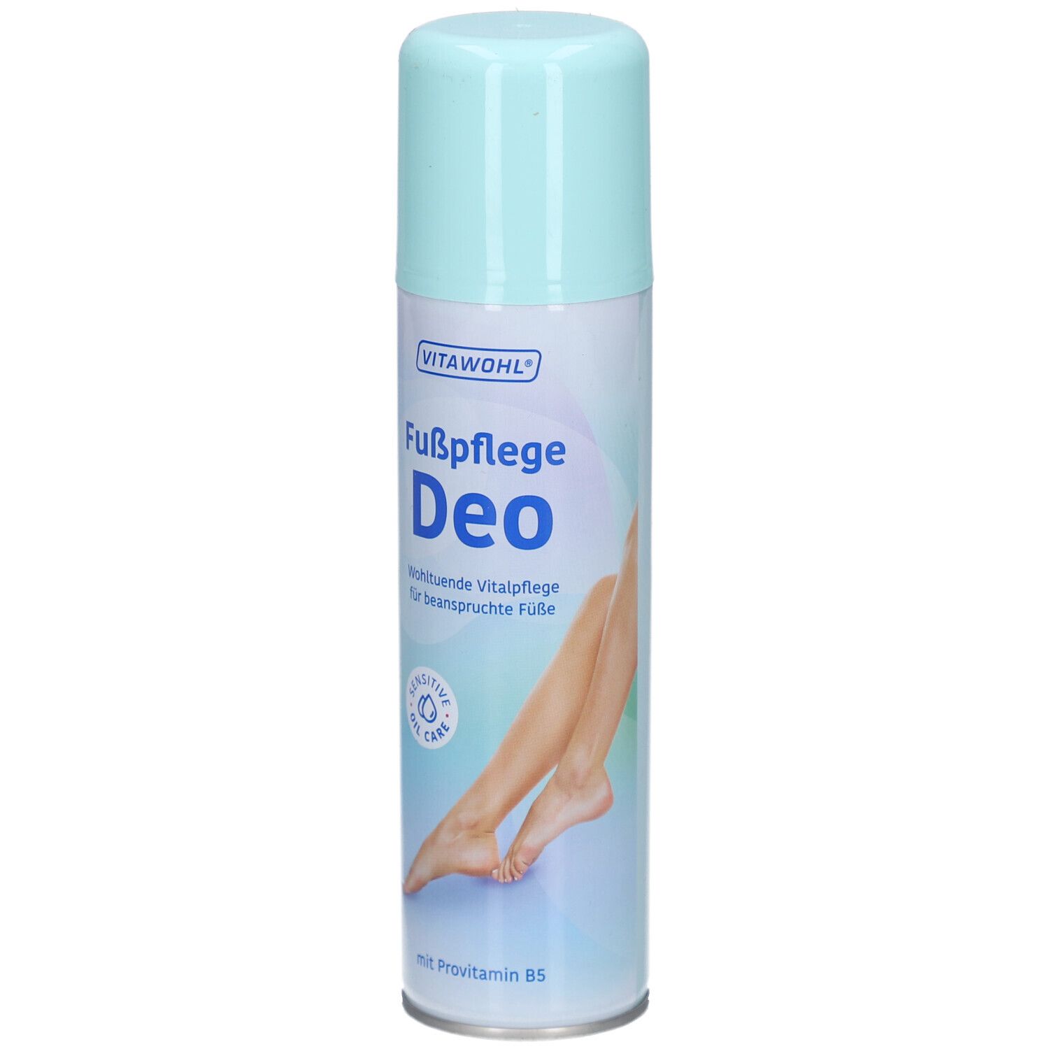 Fußpflege Deo-Spray. Hellblaue Sprühdose mit hellblauem Deckel. VITAWOHL-Logo. Text: Fußpflege Deo. Abbildung von Füßen.