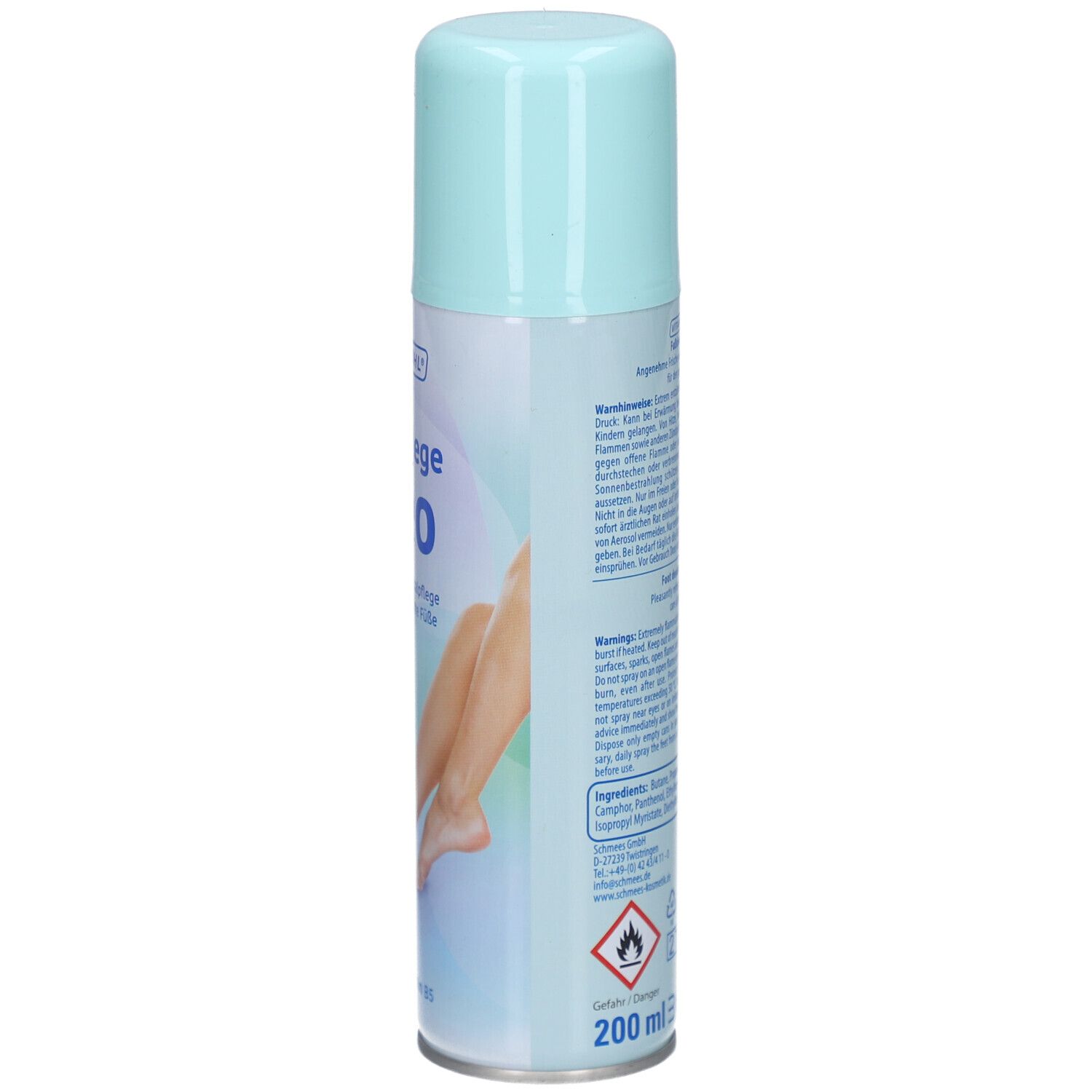 Fußpflege Deo-Spray. Rückseite der hellblauen Sprühdose mit hellblauem Deckel. Text und Produktinformationen, Inhaltsstoffe.