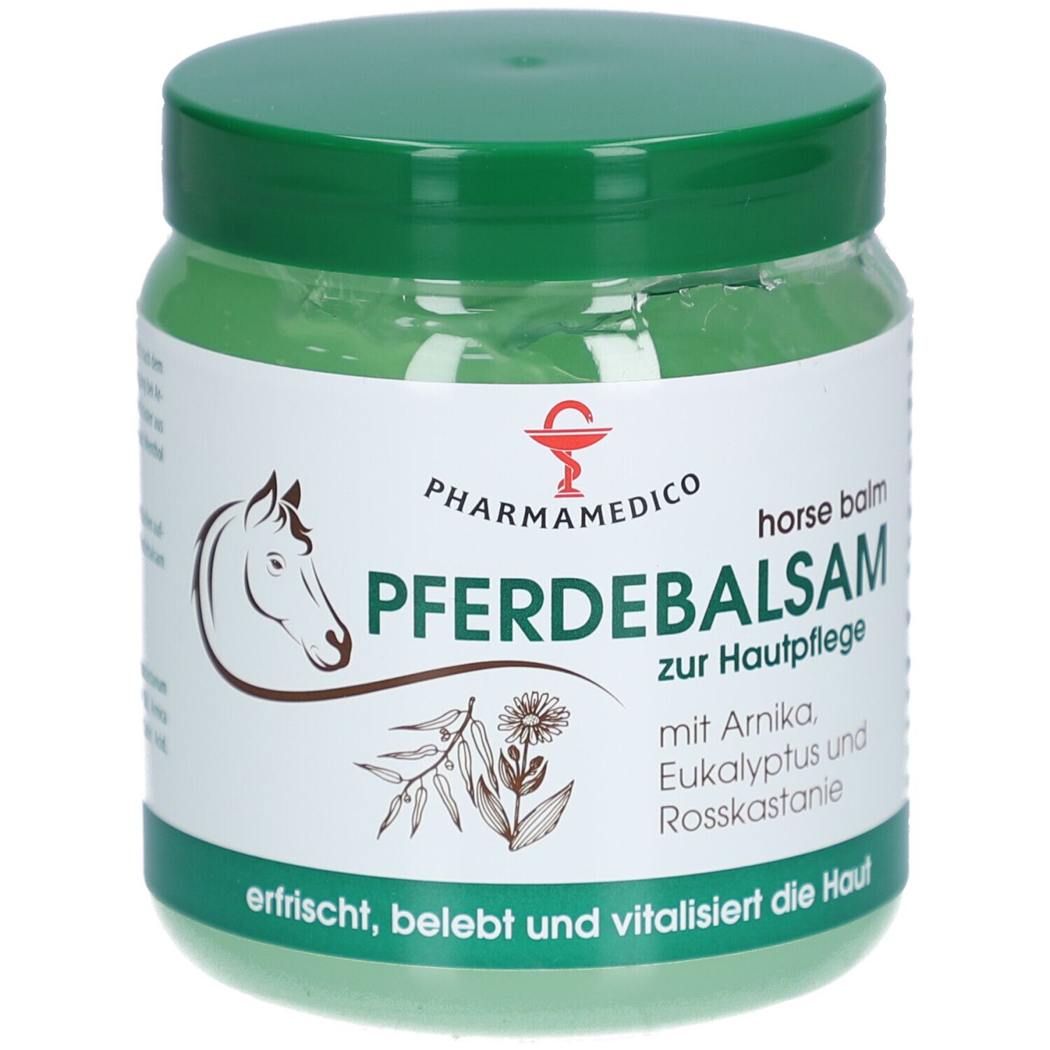 Grünes Glas mit grünem Deckel. Etikett mit Logo, Produktname und Inhaltsstoffen. Text: erfrischt, belebt und vitalisiert die Haut.