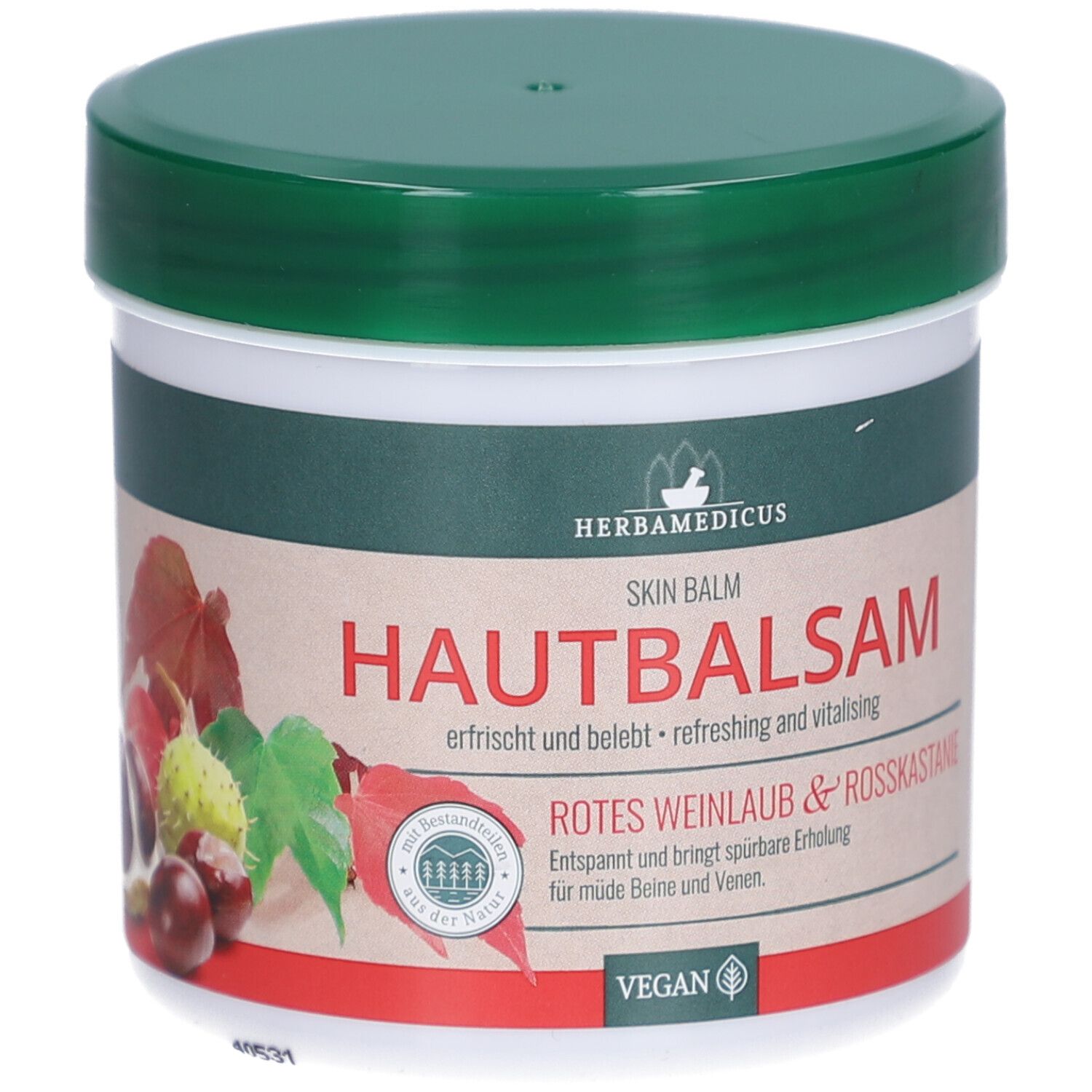 Hautbalsam-Behälter mit grünem Deckel. Aufschrift: Hautbalsam, Rotes Weinlaub & Rosskastanie. Vegan-Siegel.