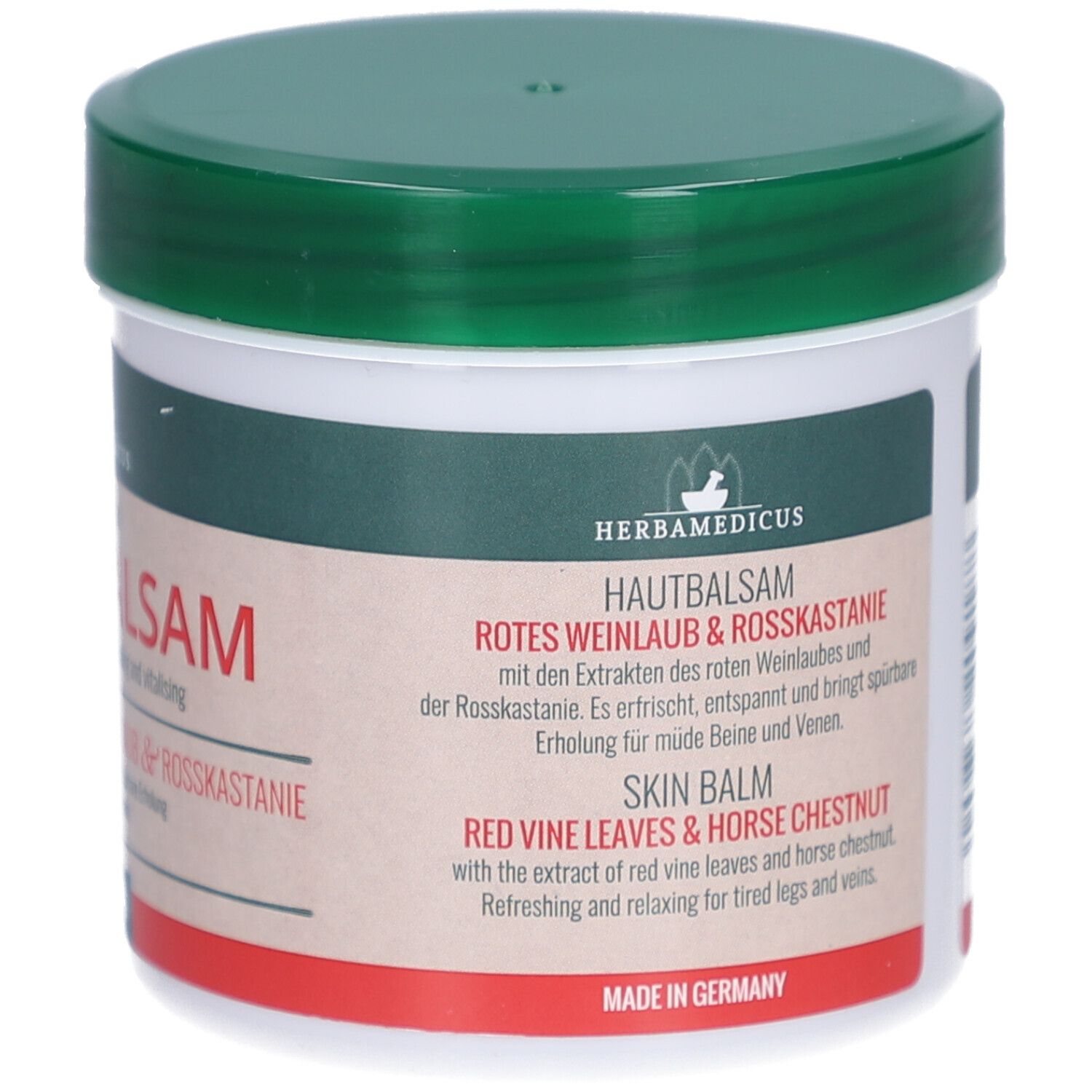 Hautbalsam-Behälter mit grünem Deckel. Aufschrift: Hautbalsam, Rotes Weinlaub & Rosskastanie. Hergestellt in Deutschland.