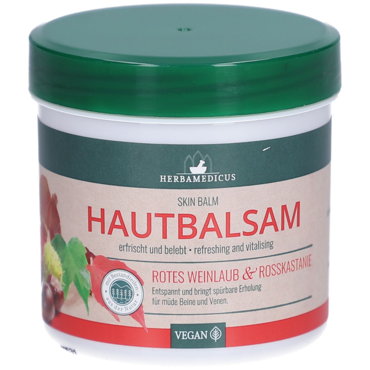 Hautbalsam-Behälter mit grünem Deckel. Aufschrift: Hautbalsam, Rotes Weinlaub & Rosskastanie. Vegan-Siegel.