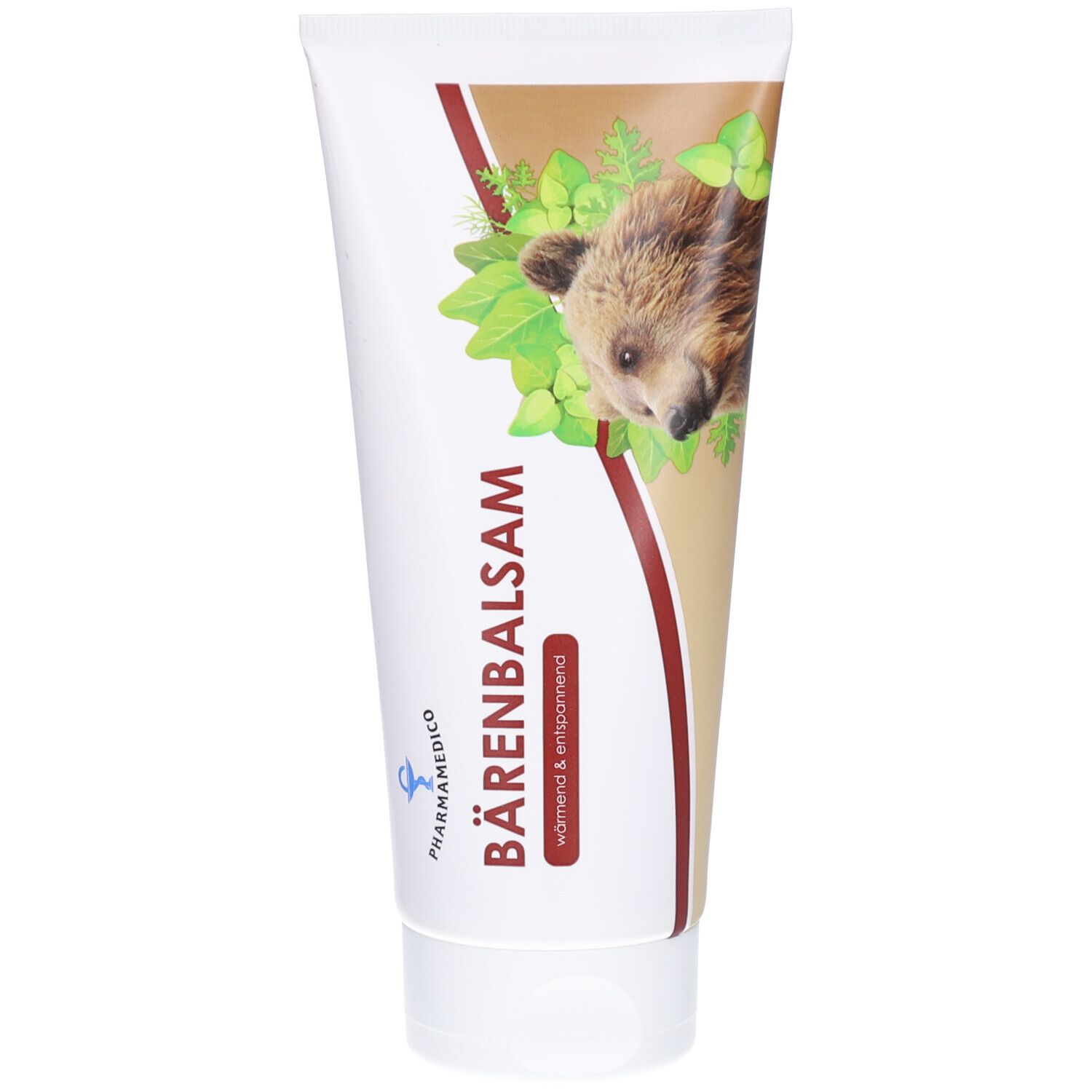 Weiß-braune Tube mit BÄRENBALSAM-Aufdruck. Abbildung eines Bärenkopfes und Blätter. Marke PHARMAMEDICO. Wörtlich: wärmend & entspannend.
