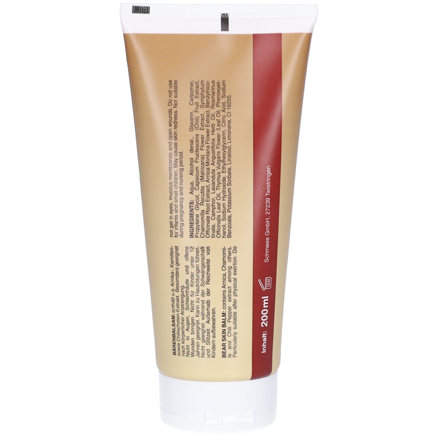 Rückseite der Tube. Brauner Hintergrund mit Inhaltsstoffliste und Warnhinweisen. Herstelleradresse: Schnee GmbH, 27239 Twistringen. Inhalt: 200ml.