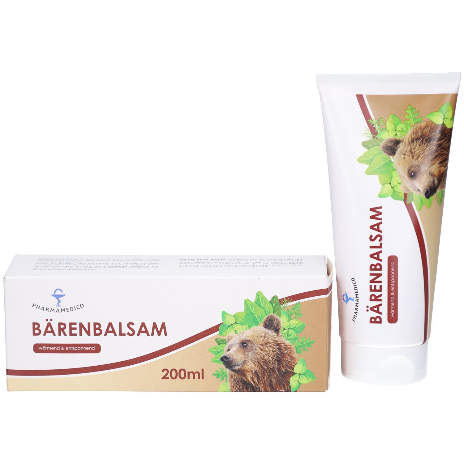 Tube und Schachtel mit BÄRENBALSAM. Aufdruck: Bärenkopf, Blätter, PHARMAMEDICO. Schachtel: 200ml. Tube: wärmend & entspannend.