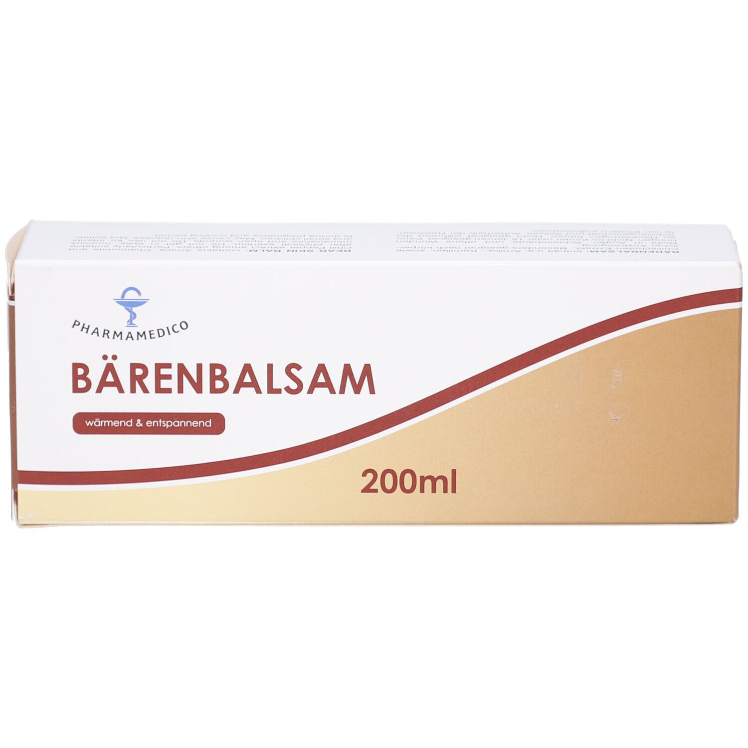 Schachtel von BÄRENBALSAM. Aufdruck: PHARMAMEDICO, BÄRENBALSAM, 200ml, wärmend & entspannend. Brauner Hintergrund.