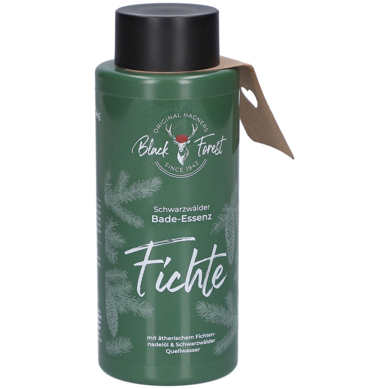 Grüne Flasche mit schwarzem Deckel und Anhänger. Aufschrift: Original Hagners Black Forest, Fichte, Bade-Essenz. Tannenzweige und Zapfen.
