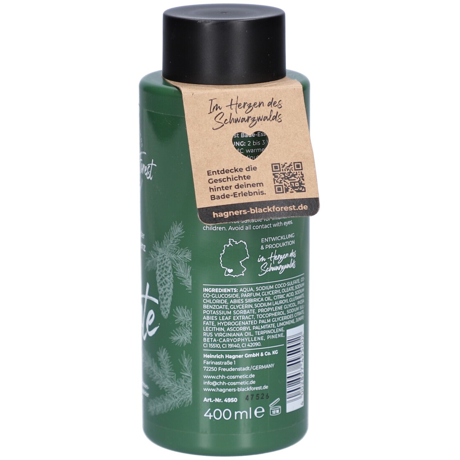 Grüne Flasche mit schwarzem Deckel und Anhänger. Aufschrift: Im Herzen des Schwarzwaldes. Inhaltsstoffe und 400ml. QR-Code.
