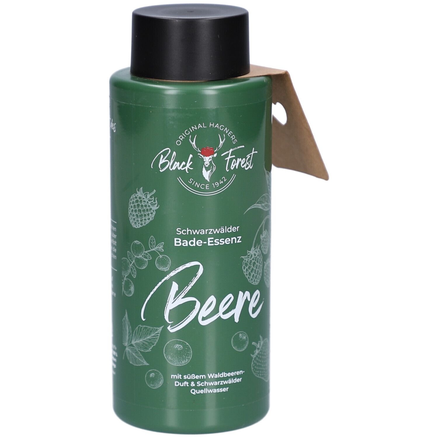 Grüne Flasche mit schwarzem Deckel und Anhänger. Aufschrift: Black Forest, Bade-Essenz Beere. Illustrationen von Beeren.