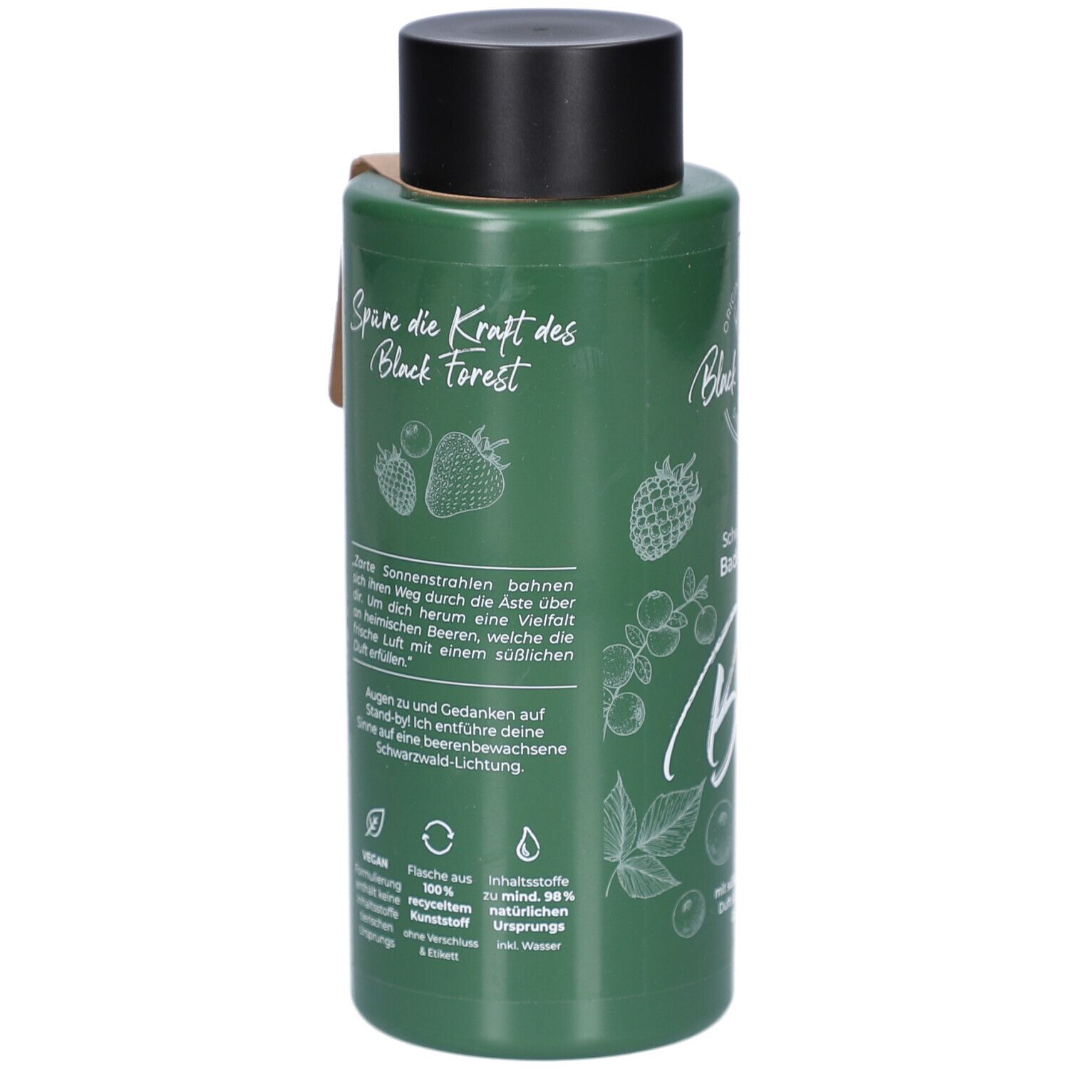 Grüne Flasche mit Text. Aufschrift: Spüre die Kraft des Black Forest. Illustrationen von Beeren. Vegan-Logo.