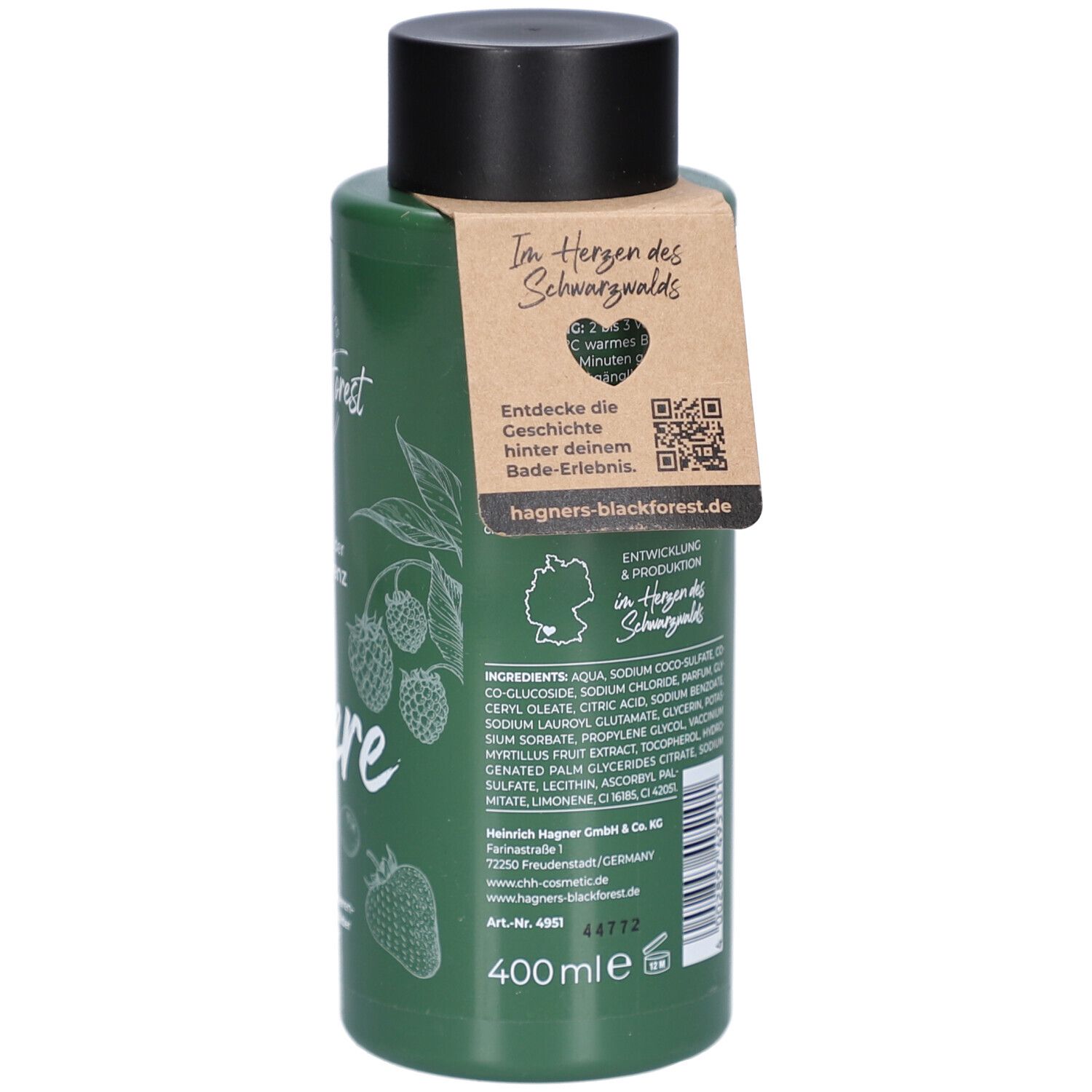 Grüne Flasche mit schwarzem Deckel und Anhänger. Aufschrift: Im Herzen des Schwarzwalds. Inhaltsstoffe und Volumen: 400 ml.