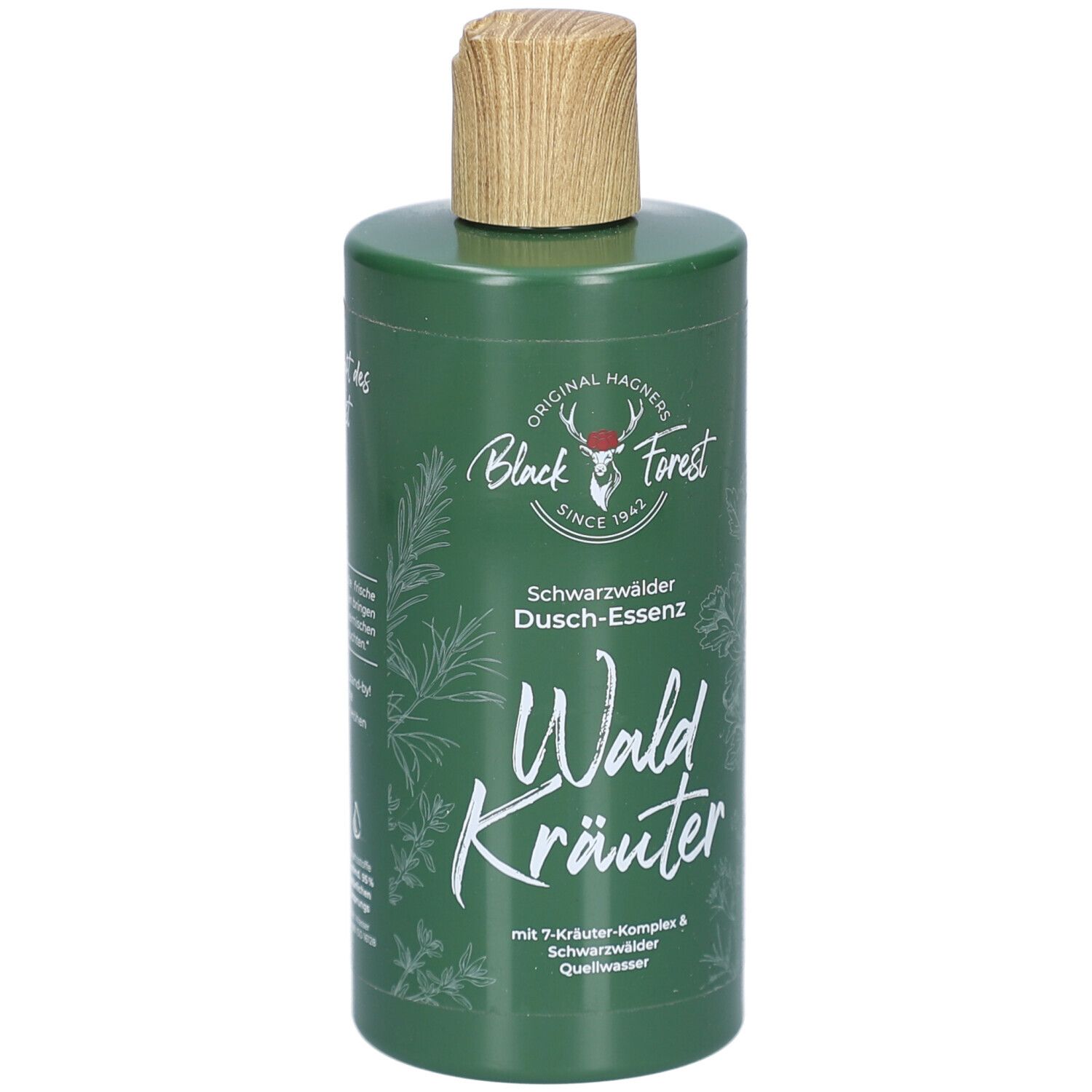 Grüne Flasche mit Holzverschluss. Rückseite mit Inhaltsstoffen und Text. Schwarzwälder Duschessenz Waldkräuter. 300 ml.