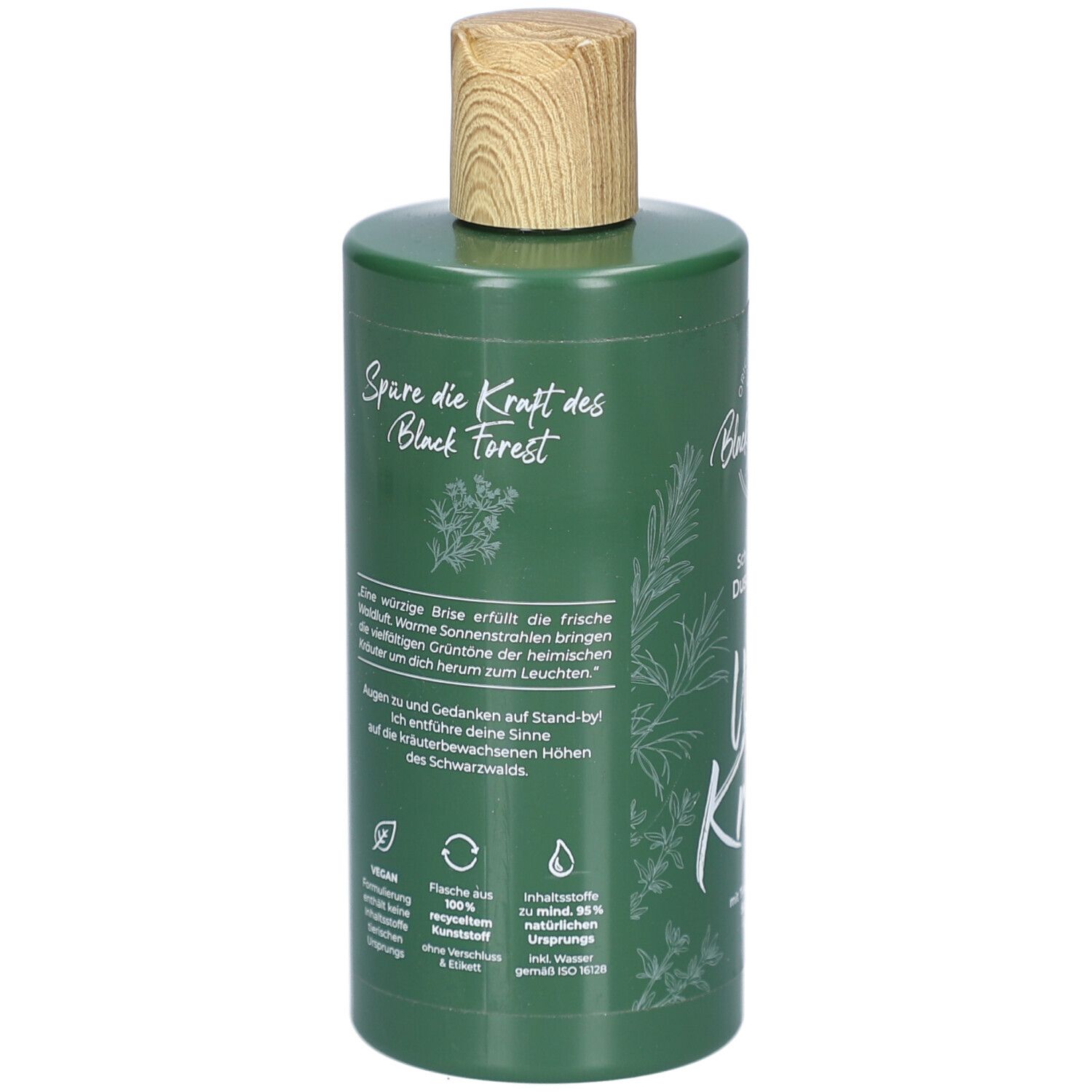 Grüne Flasche mit Holzverschluss. Text: Spüre die Kraft des Black Forest. Vegan, 100% recycelt, 98% natürliche Ursprungsstoffe.