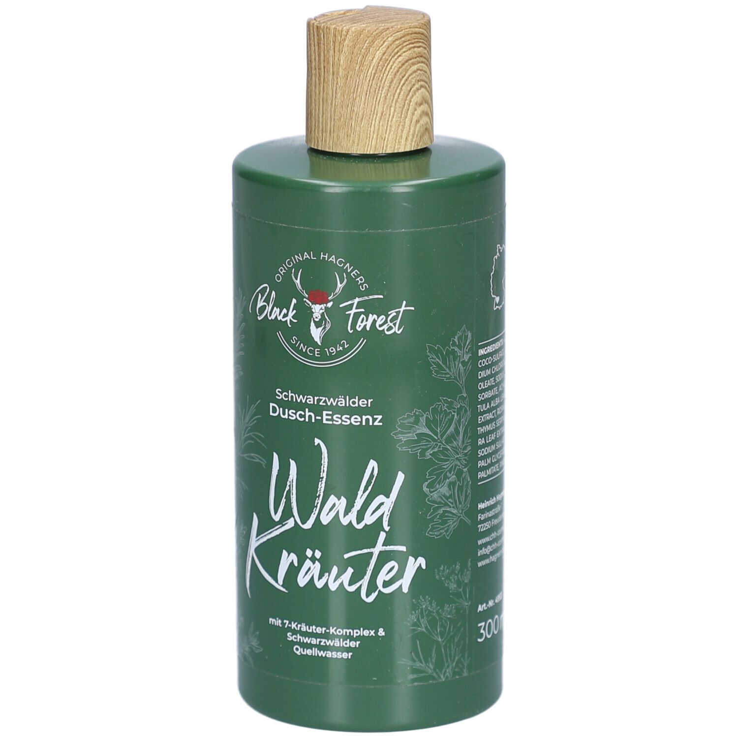 Grüne Flasche mit Holzverschluss. Schwarzwälder Duschessenz Waldkräuter. Mit 7-Kräuter-Komplex & Schwarzwälder Quellwasser. 300ml.