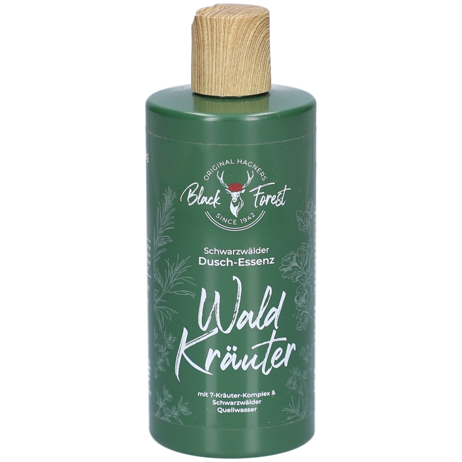 Grüne Flasche mit Holzverschluss. Schwarzwälder Duschessenz Waldkräuter. Mit 7-Kräuter-Komplex & Schwarzwälder Quellwasser.