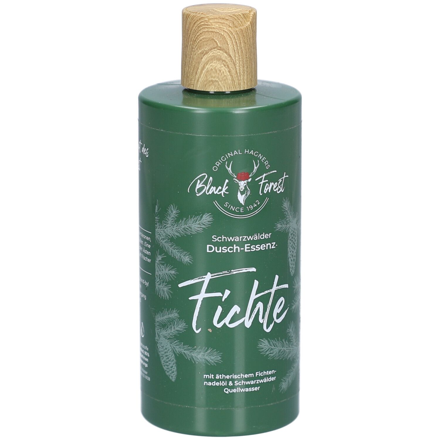Grüne Flasche mit Holzverschluss. Aufschrift: Fichte, Schwarzwälder Dusch-Essenz, Black Forest.