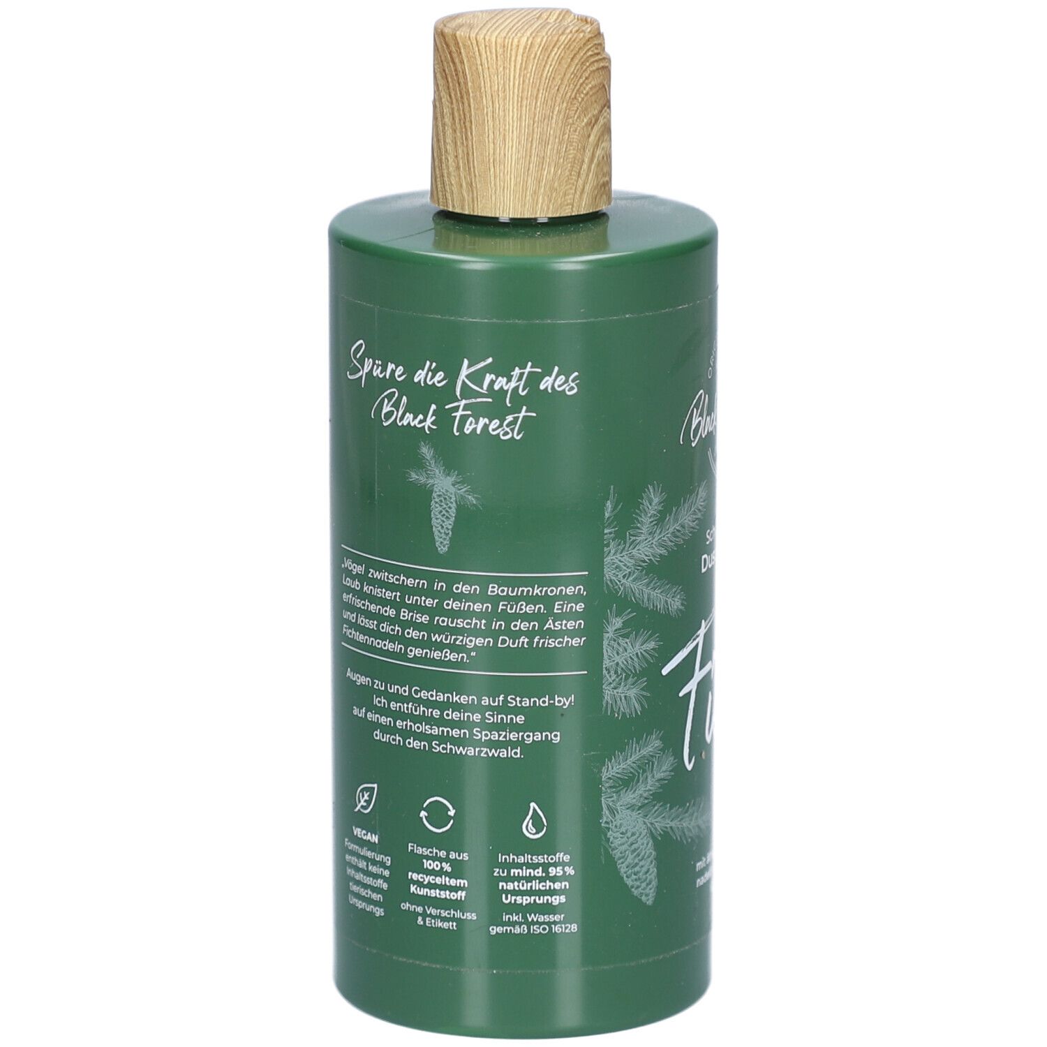 Grüne Flasche mit Holzverschluss. Rückseite mit Text und Logos. Enthält 95% natürliche Ursprungsstoffe.