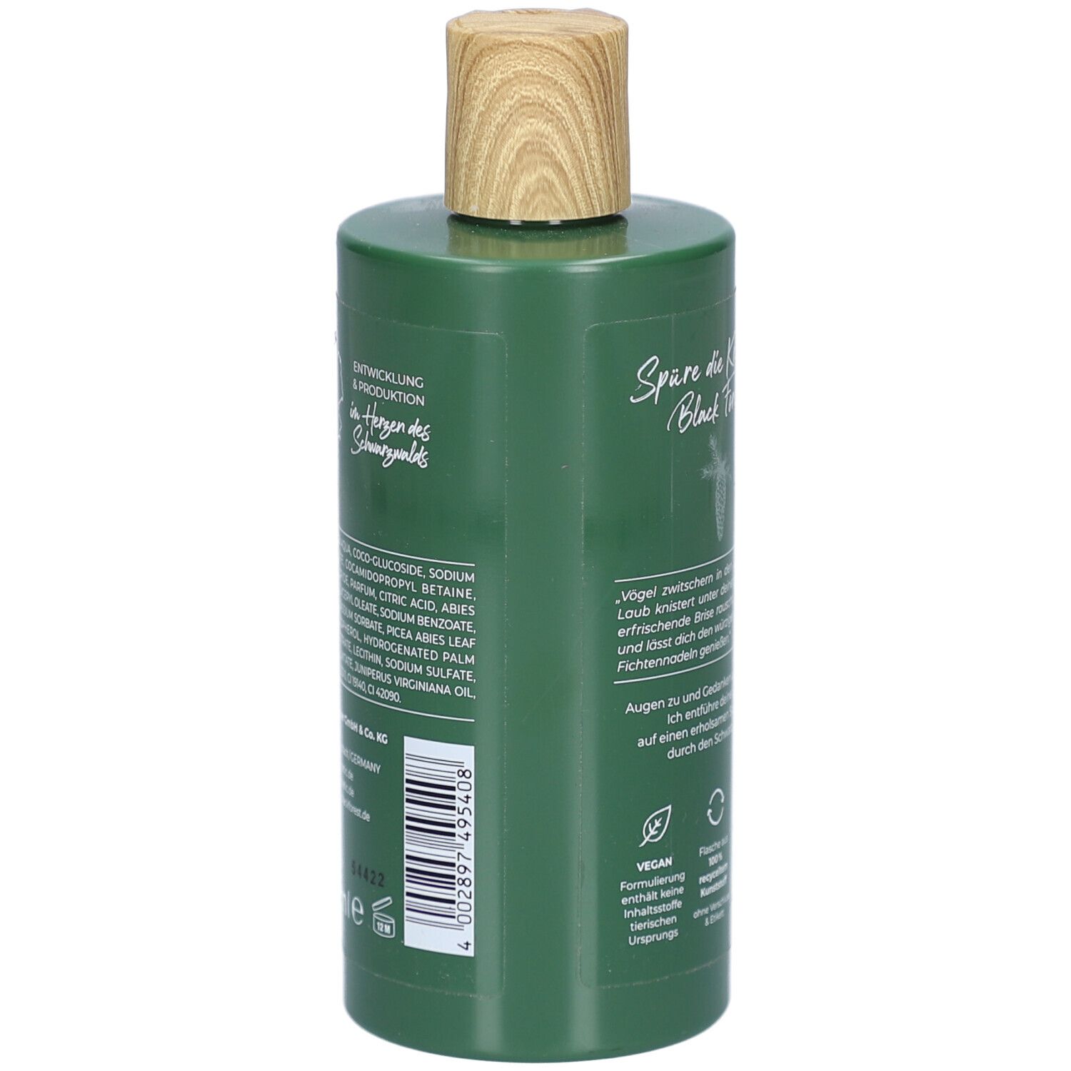 Grüne Flasche mit Holzverschluss. Rückseite mit Text, Inhaltsstoffen und Vegan-Logo.