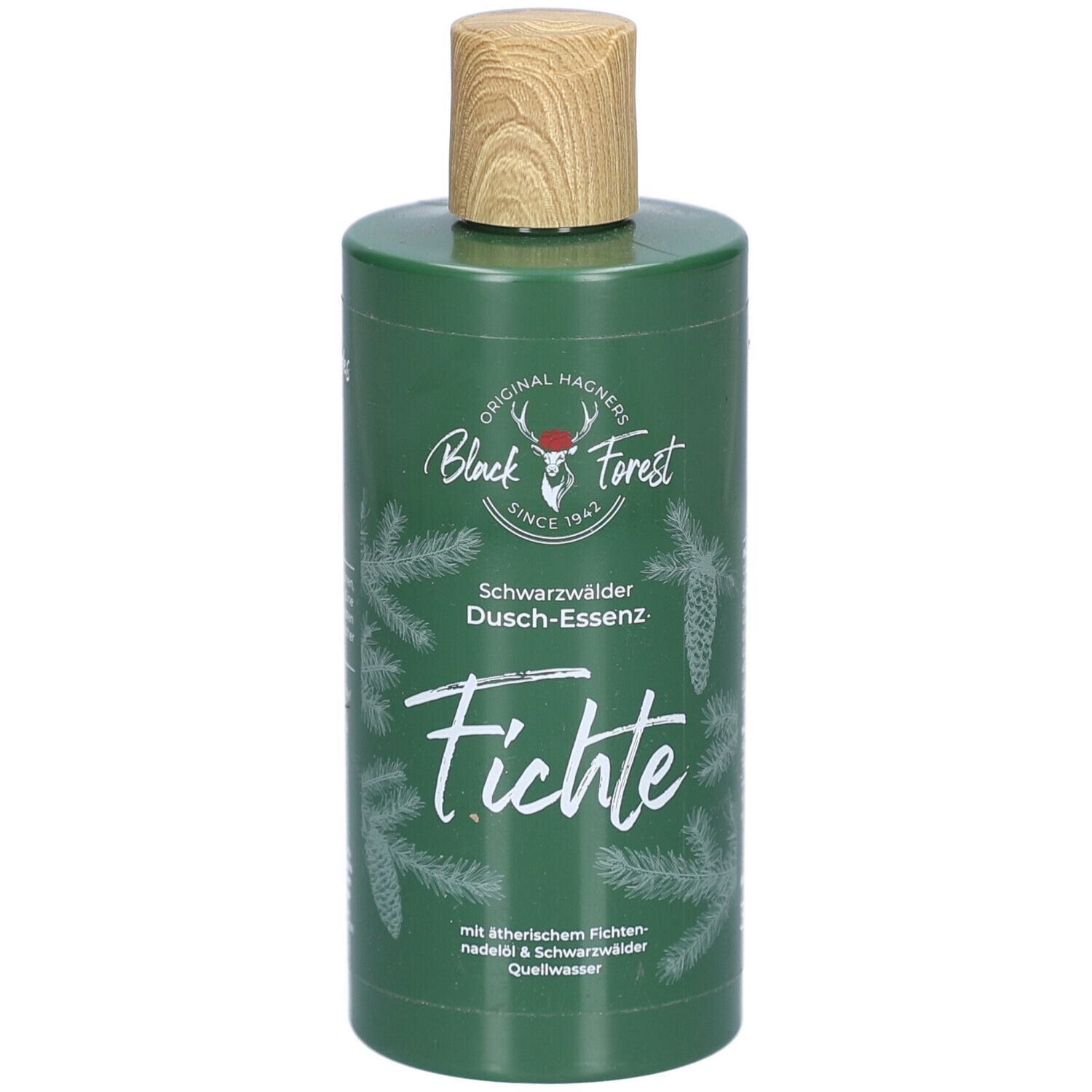 Grüne Flasche mit Holzverschluss. Aufschrift: Fichte, Schwarzwälder Dusch-Essenz, Black Forest. 300ml.