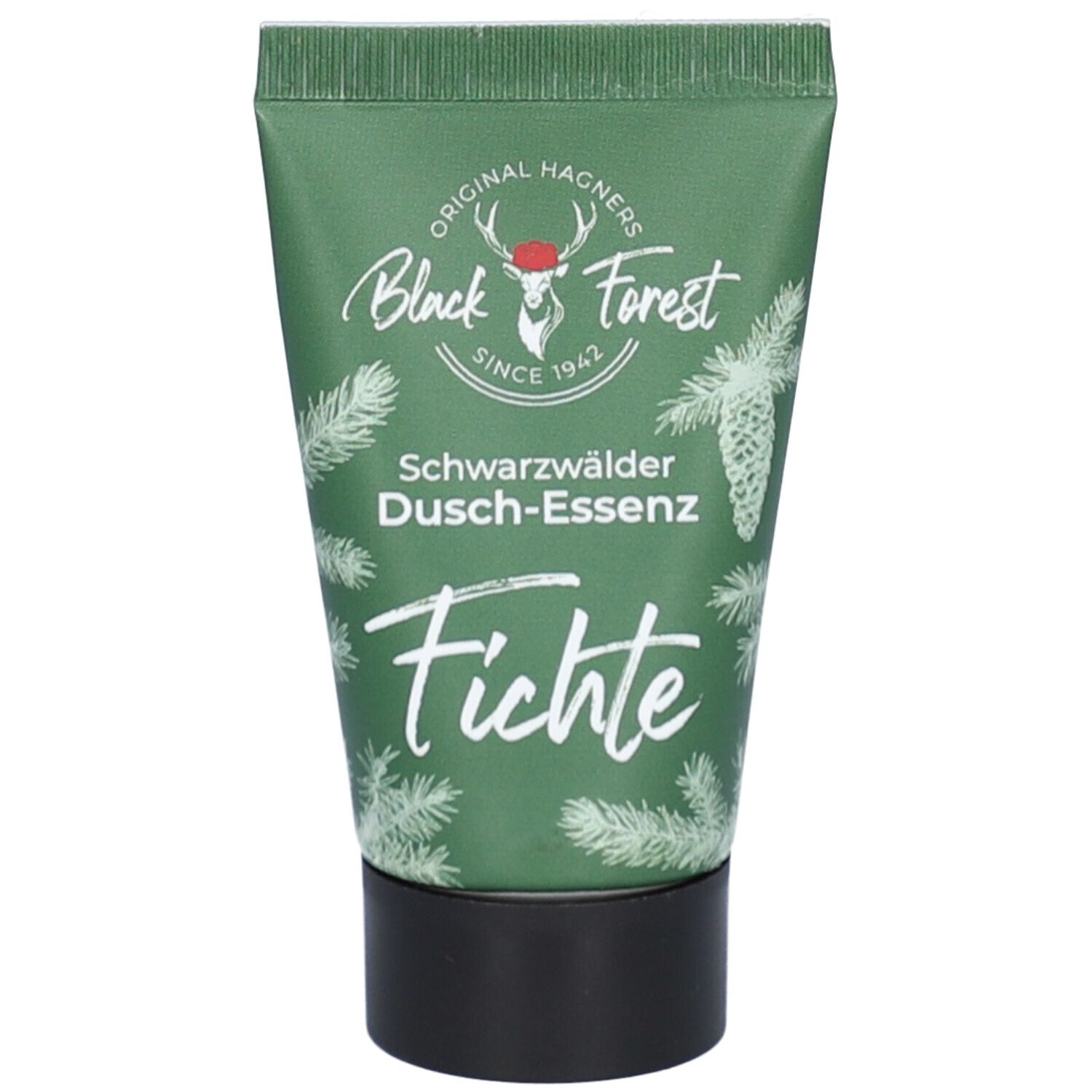 Grüne Tube mit schwarzem Deckel. Aufschrift "Black Forest" und "Fichte". Abbildung von Tannenzweigen und einem Hirsch.