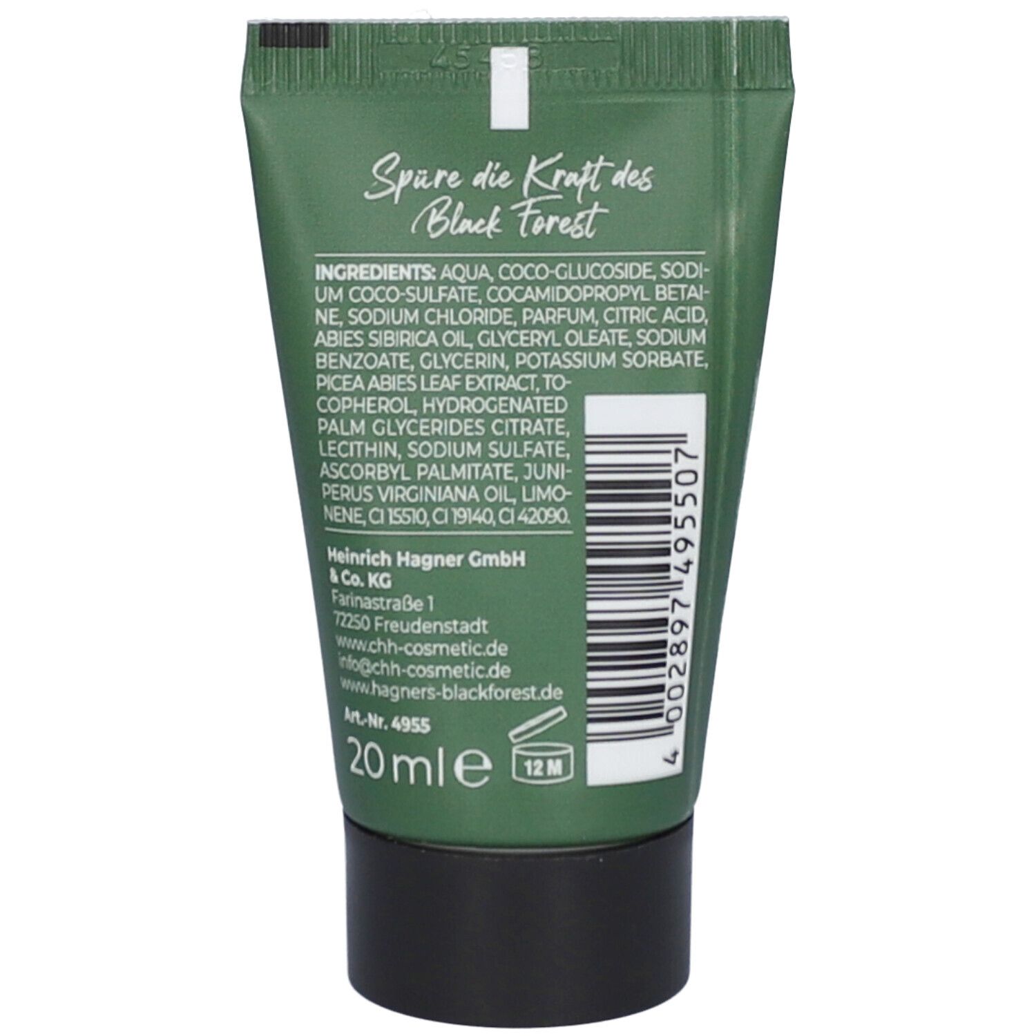 Rückseite der grünen Tube mit schwarzem Deckel. Text mit Inhaltsstoffen und Herstellerinformationen. Volumen: 20 ml.