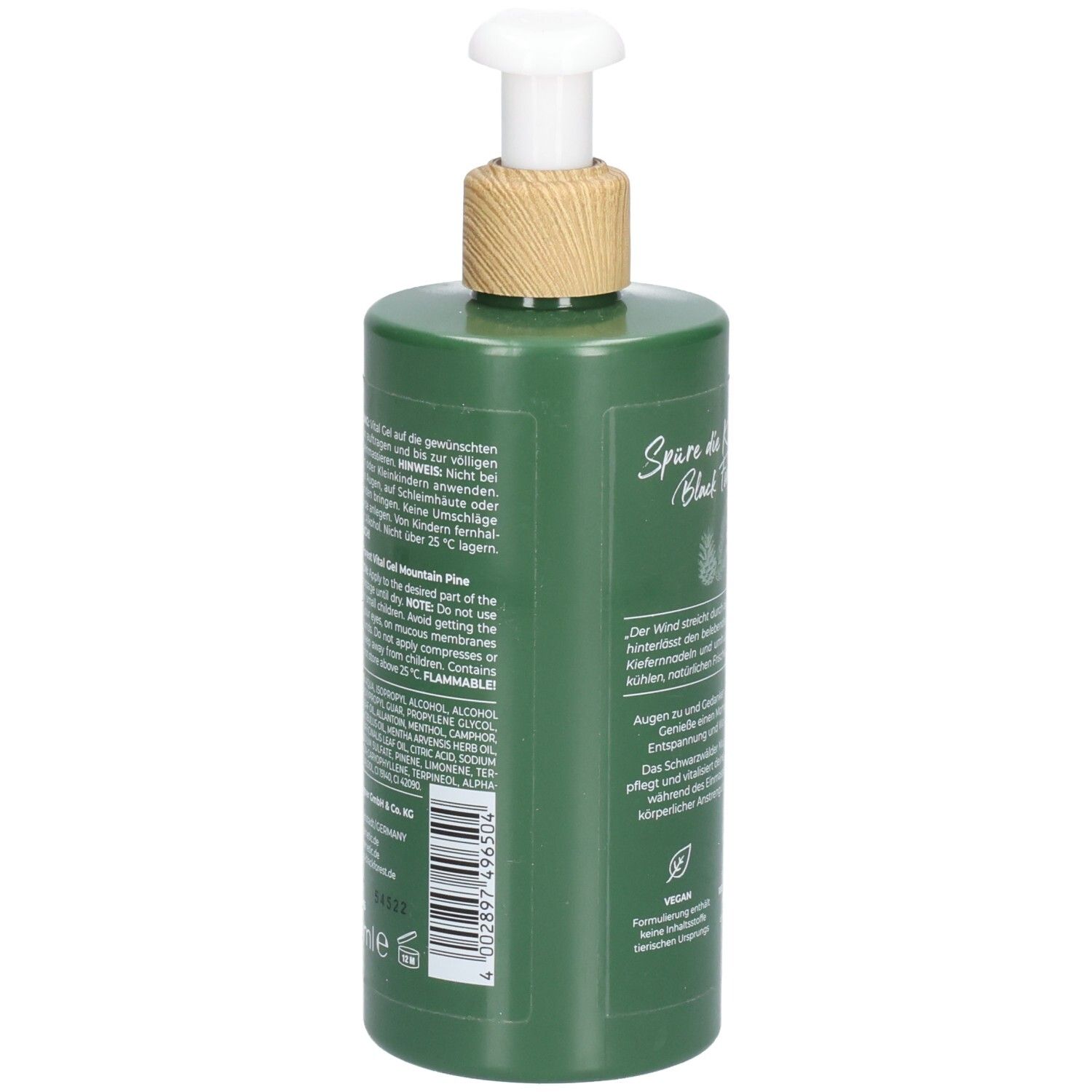Grüne Flasche mit Text und Inhaltsangaben. Aufschrift: Black Forest Mountain Pine. Vegan-Siegel.