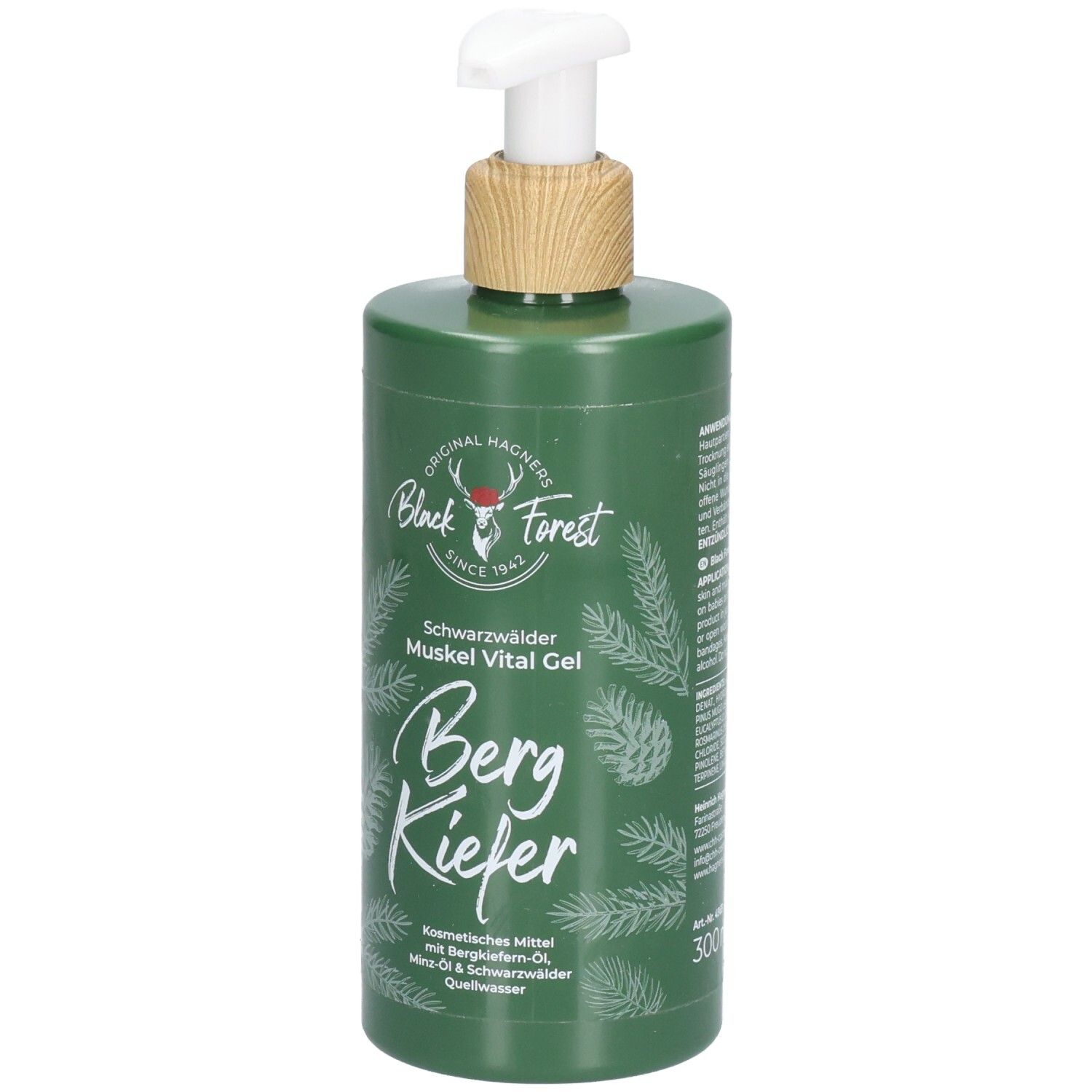 Grüne Flasche mit Pumpe und Holzoptik. Aufschrift: Original Hagners Black Forest, Berg Kiefer Muskel Vital Gel. 300ml.