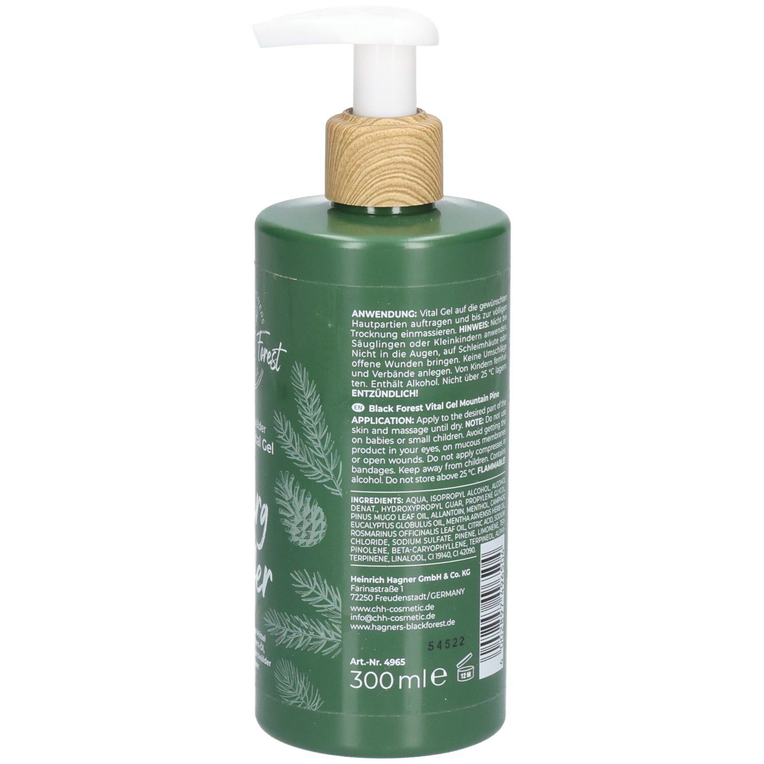 Grüne Flasche mit Text und Inhaltsangaben. Aufschrift: Anwendung: Vital Gel auf die Hautpartien auftragen. 300ml.