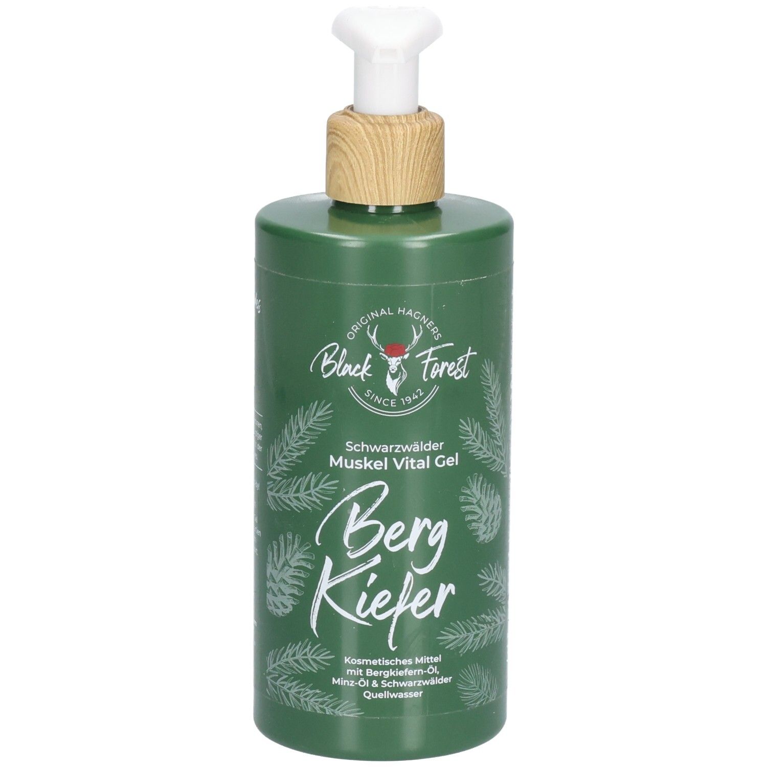 Grüne Flasche mit Pumpe und Holzoptik. Aufschrift: Original Hagners Black Forest, Berg Kiefer Muskel Vital Gel.