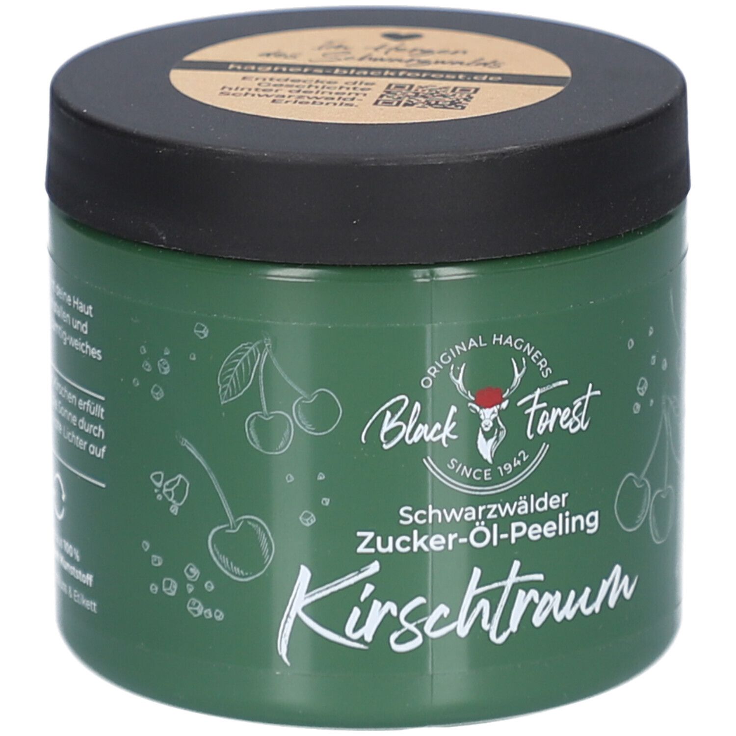Grüner Tiegel mit schwarzem Deckel. Aufschrift: Original Hagners Black Forest, Schwarzwälder Zucker-Öl-Peeling Kirschtraum. Kirsch-Illustrationen.