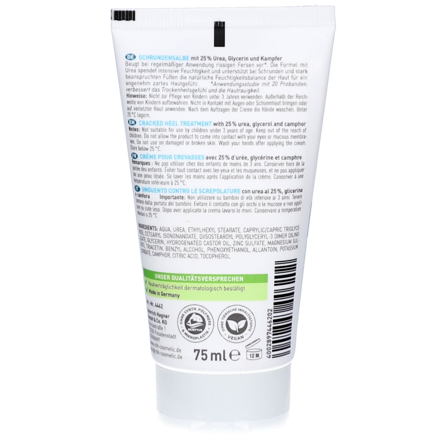 Rückseite der Tube. Enthält Text in mehreren Sprachen, Inhaltsstoffe und Qualitätsversprechen. Mit Zertifizierungen.