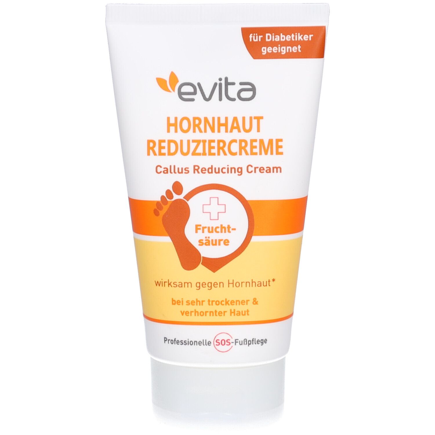 Weiße Tube mit orangefarbenen Akzenten. Aufschrift: evita HORNHAUT REDUZIERCREME. Enthält Fruchtsäure. Für Diabetiker geeignet.