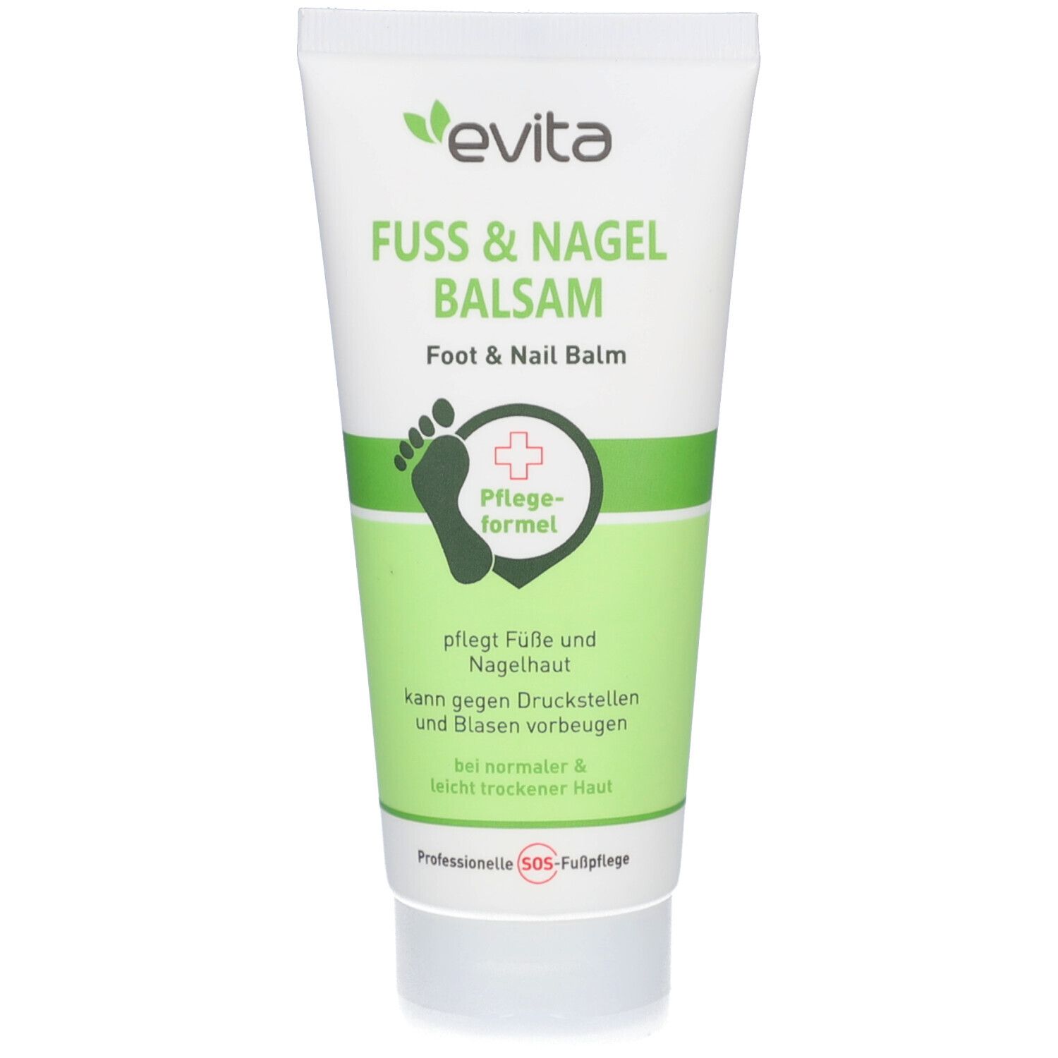 Weiß-grüne Tube mit Produktnamen und Logo. Text: Fuss & Nagelbalsam, Foot & Nail Balm. Pflegeformel. Fuß-Symbol. Professionelle SOS-Fußpflege.