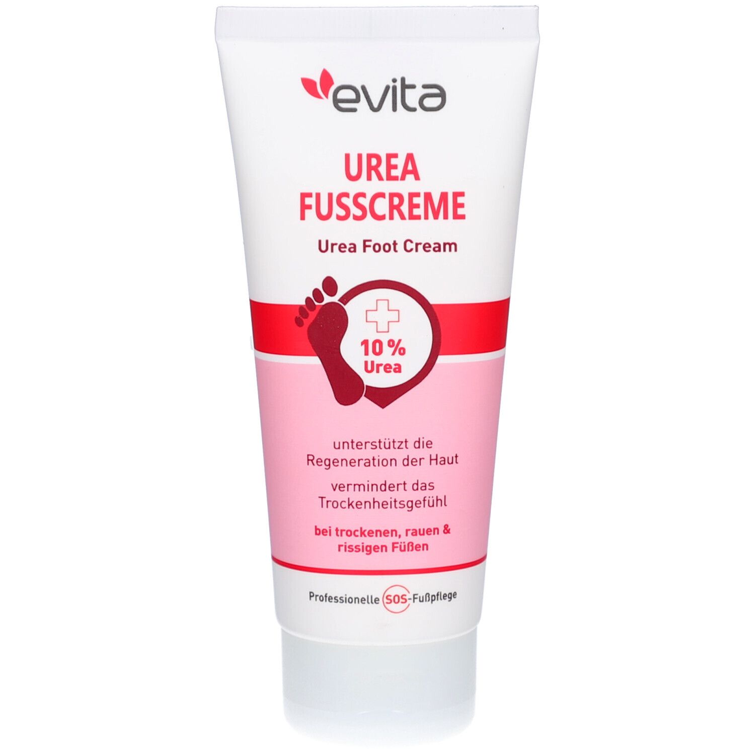 Weiße Tube mit roter und rosa Beschriftung. Oben steht "evita". Darunter "UREA FUSSCREME 10% Urea". Fußsymbol.