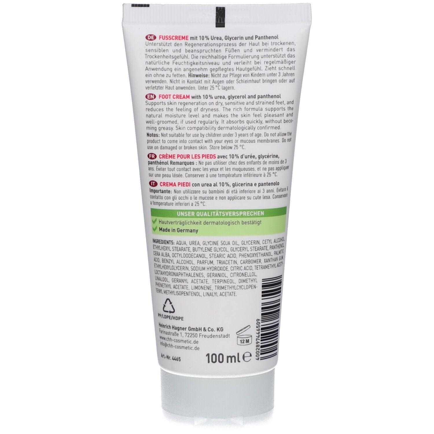 Rückseite der Tube. Text in Deutsch, Englisch, Französisch und Italienisch. Inhaltsstoffe und "Made in Germany".