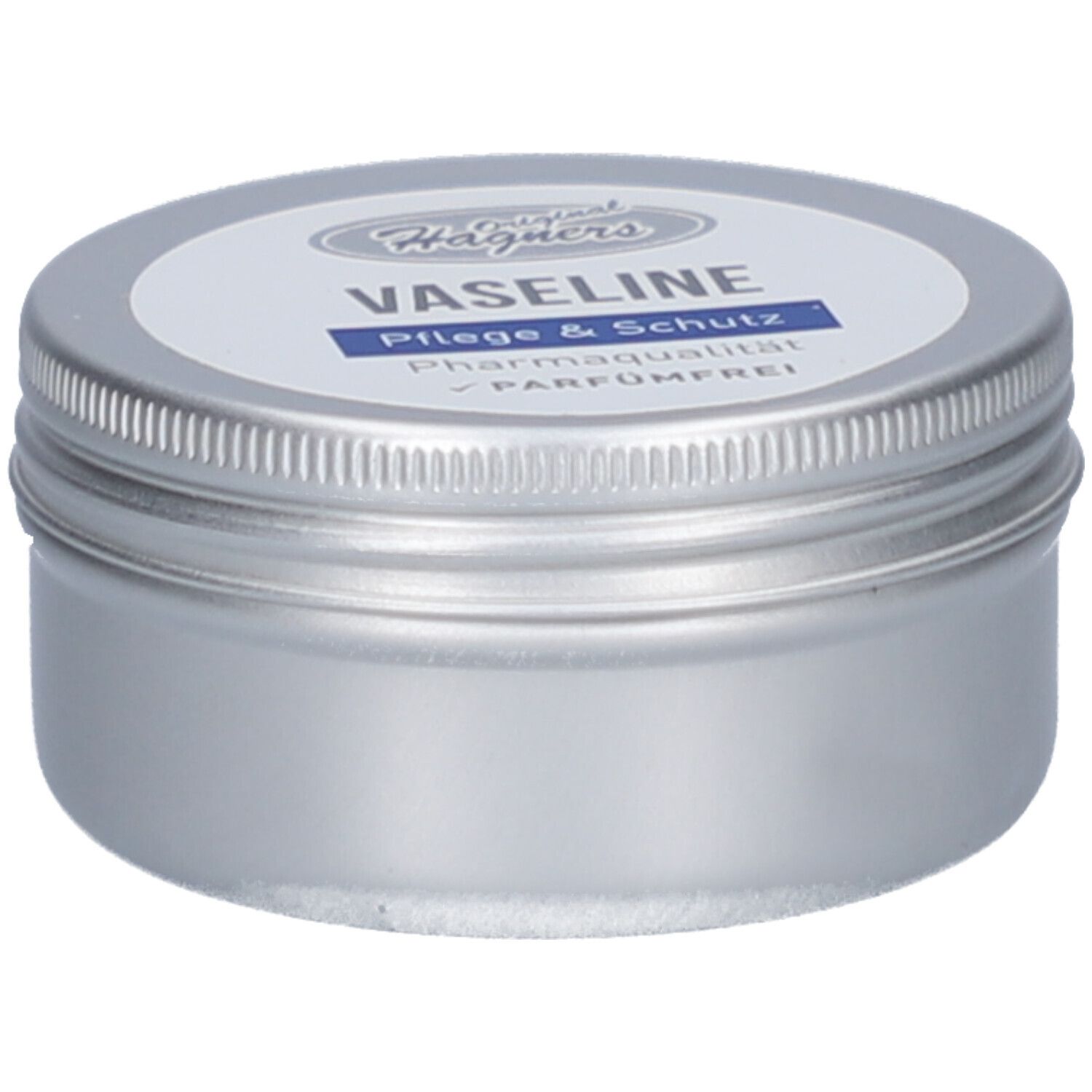 Runde Dose mit Schraubverschluss. Auf dem Deckel steht "Vaseline" und "Pflege & Schutz".