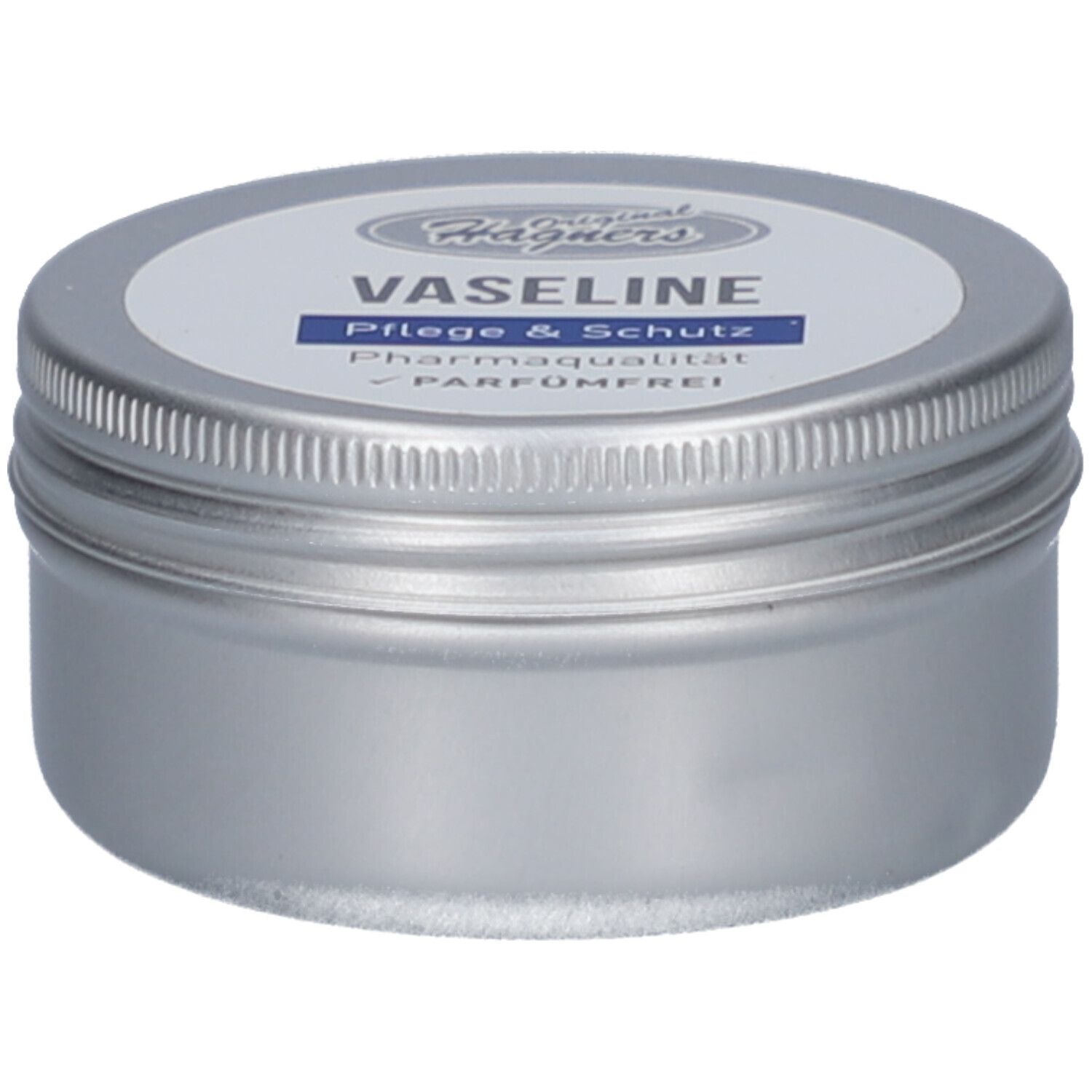Runde Dose mit Schraubverschluss. Auf dem Deckel steht "Vaseline" und "Pflege & Schutz".