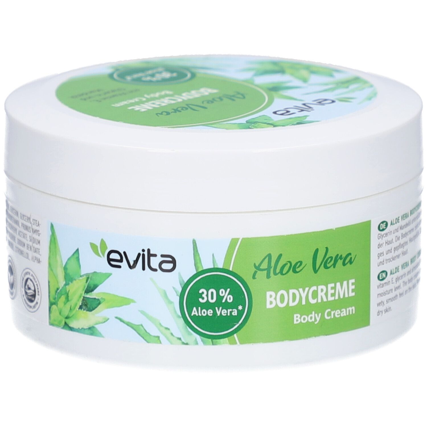 Weißer Tiegel mit grünem Deckel. Aufkleber mit Aloe Vera-Motiv und Schriftzug BODYCREME Aloe Vera 30% evita.