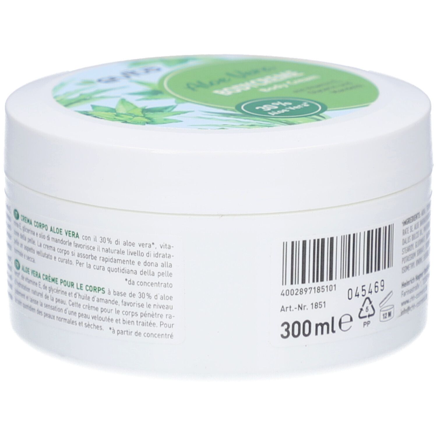 Rückseite des weißen Tiegels. Aufkleber mit Produktbeschreibung, Barcode und Volumenangabe 300ml.