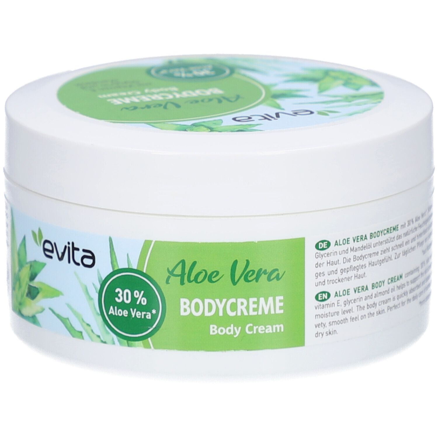 Weißer Tiegel mit grünem Deckel. Aufkleber mit Aloe Vera-Motiv und Schriftzug BODYCREME Aloe Vera 30% evita.