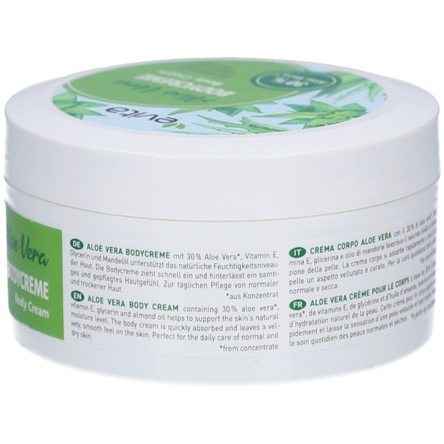 Rückseite des weißen Tiegels. Text in Deutsch, Englisch, und Italienisch. Produktbeschreibung.