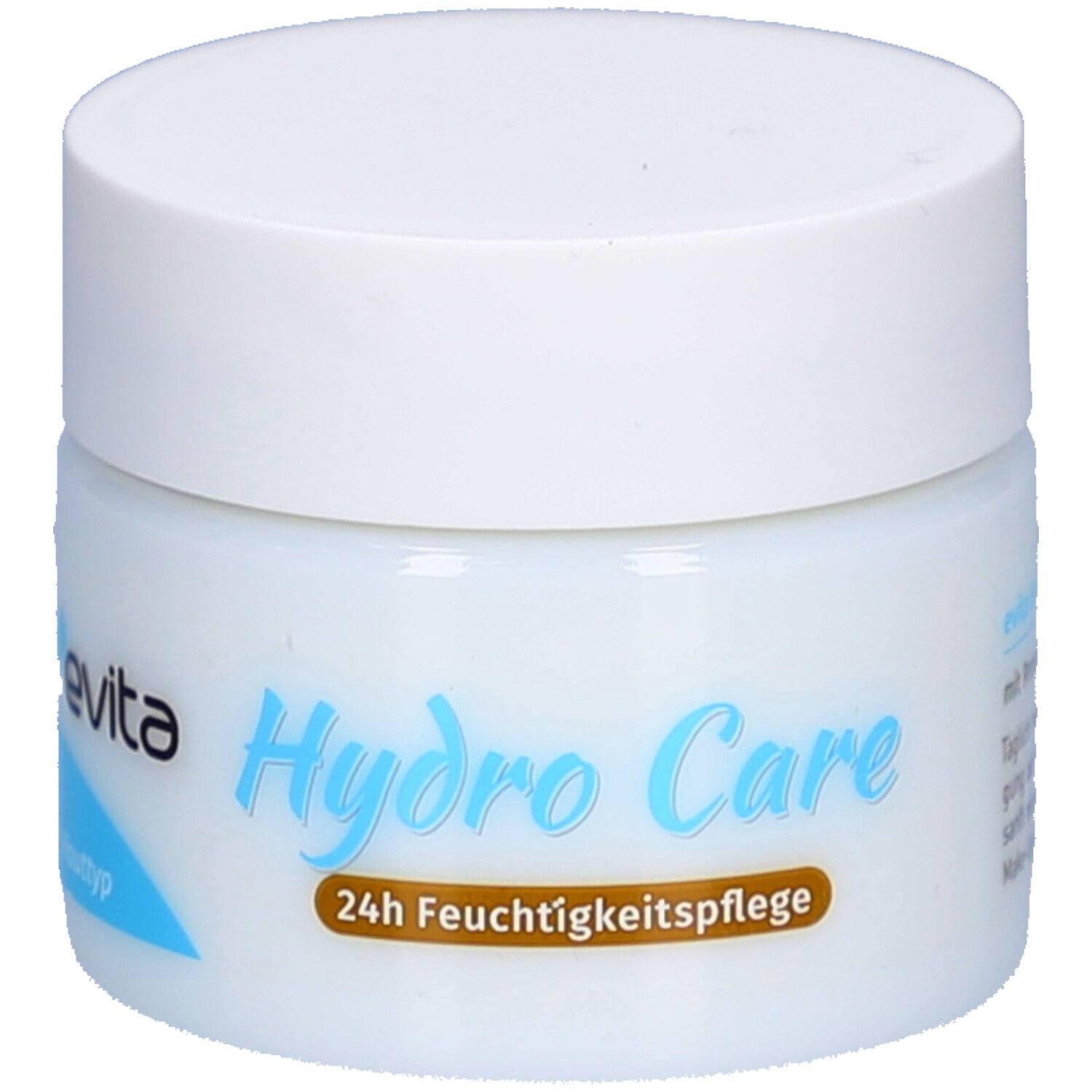 Weißes Tiegel mit blau-grüner Aufschrift Hydro Care und 24h Feuchtigkeitspflege. Deckel weiß. Marke: evita.