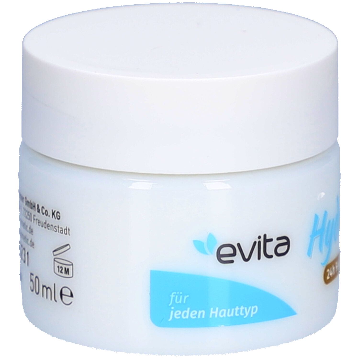 Weißes Tiegel mit blau-grüner Aufschrift Hydro Care. Deckel weiß. Marke: evita. Aufschrift: für jeden Hauttyp. 50 ml.