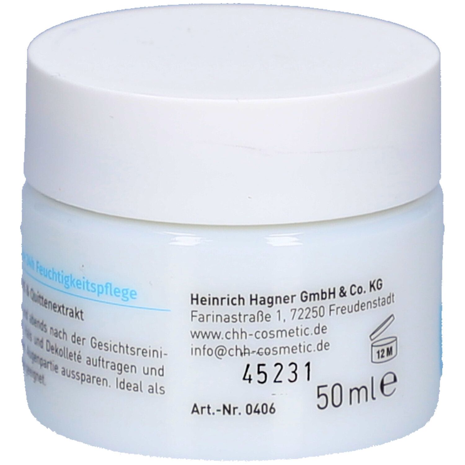 Weißes Tiegel mit weißem Deckel. Aufschrift: 50 ml. Text auf der Rückseite. Marke: evita. Produktname: Hydro Care.