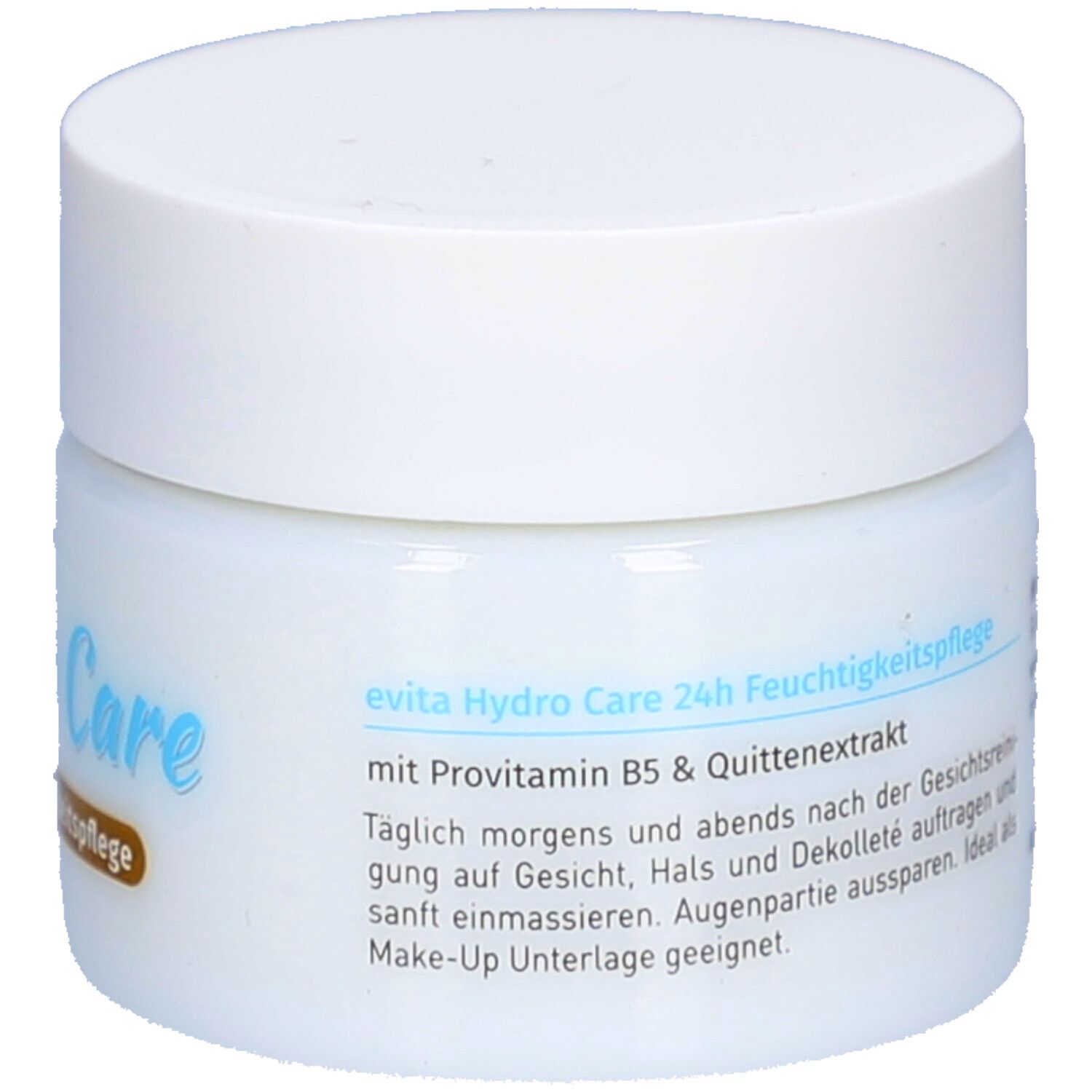 Weißes Tiegel mit weißem Deckel. Aufschrift: evita Hydro Care 24h Feuchtigkeitspflege. Text auf der Rückseite.
