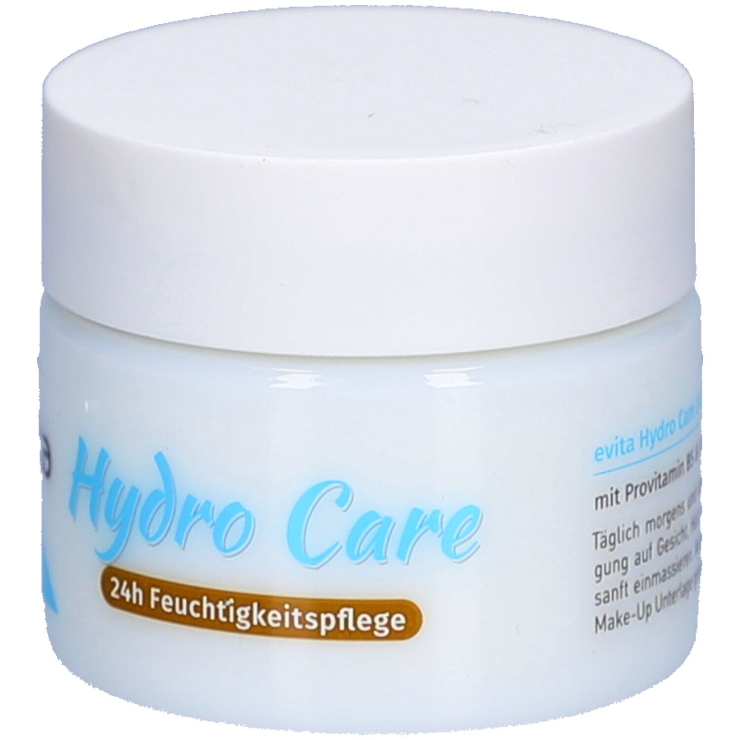 Weißes Tiegel mit weißem Deckel. Aufschrift: Hydro Care und 24h Feuchtigkeitspflege. Marke: evita.