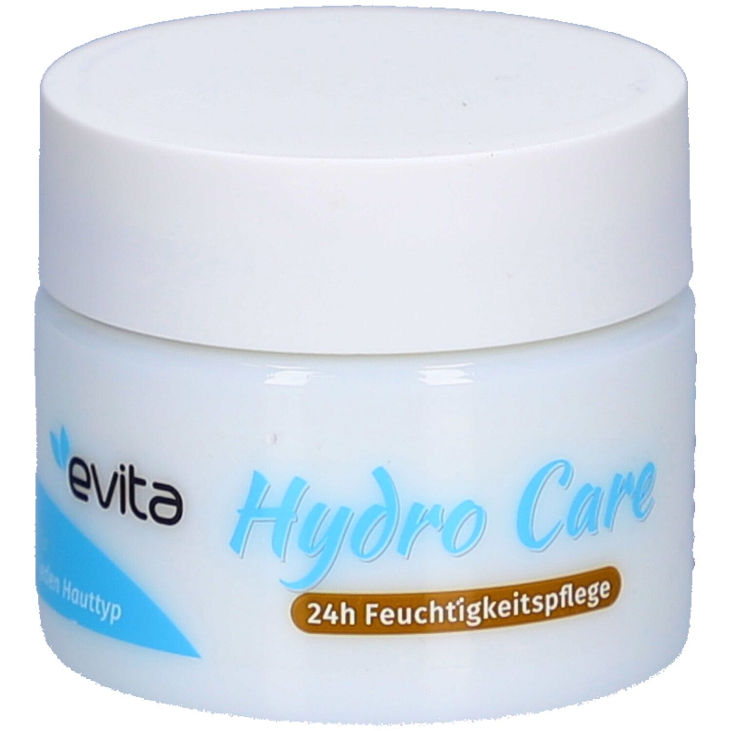 Weißes Tiegel mit weißem Deckel. Aufschrift: Hydro Care und 24h Feuchtigkeitspflege. Marke: evita. Für jeden Hauttyp.