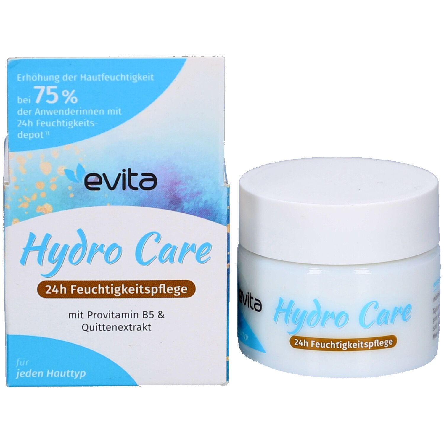 Weißes Tiegel und Verpackung. Aufschrift: Hydro Care und 24h Feuchtigkeitspflege. Marke: evita. Für jeden Hauttyp.