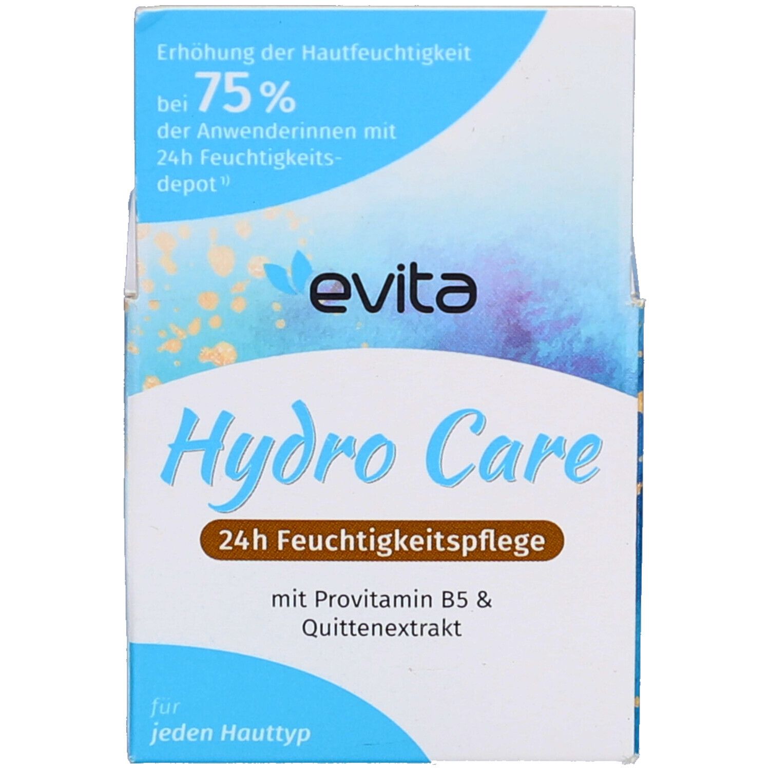Verpackung mit Aufschrift: Hydro Care und 24h Feuchtigkeitspflege. Marke: evita. Für jeden Hauttyp. Text: 75% mehr Feuchtigkeit.
